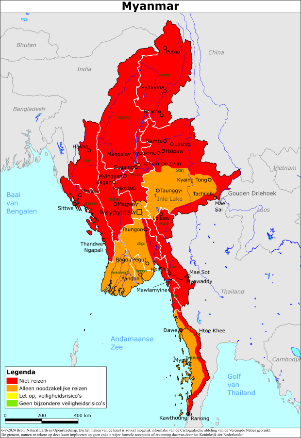 Reisadvies kaart van Myanmar op 6 sep. 2024