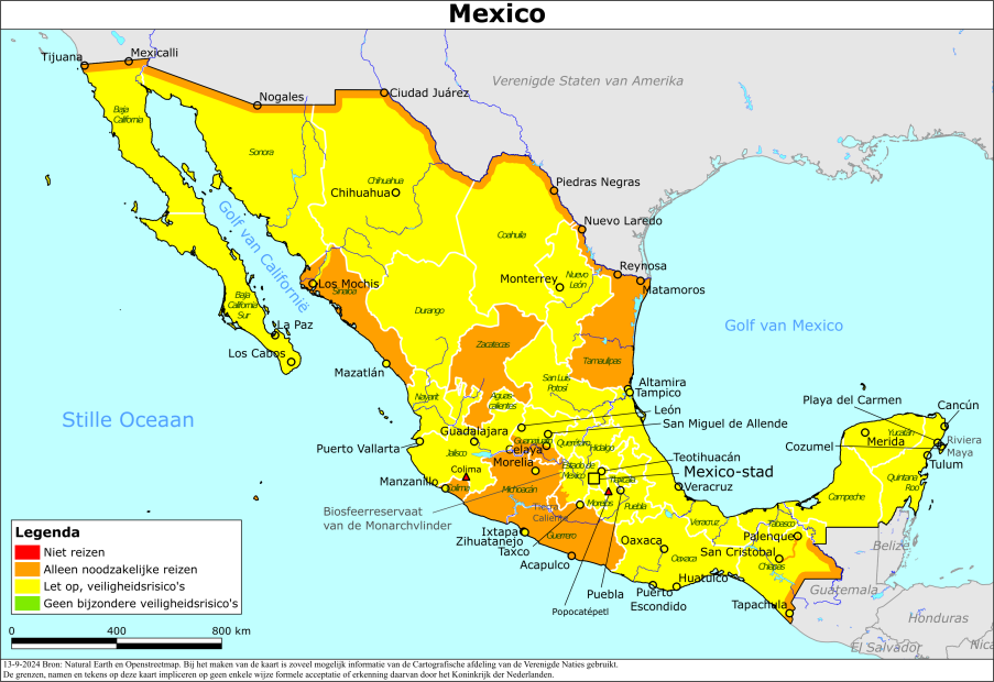 Reisadvies kaart van Mexico op 13 sep. 2024