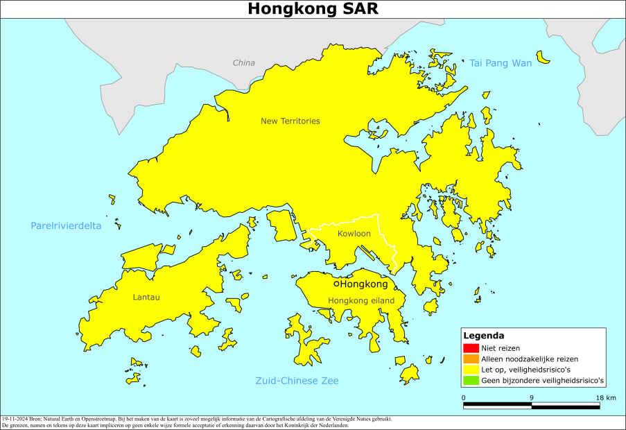 Reisadvies kaart van Hongkong SAR van China op 19 nov. 2024