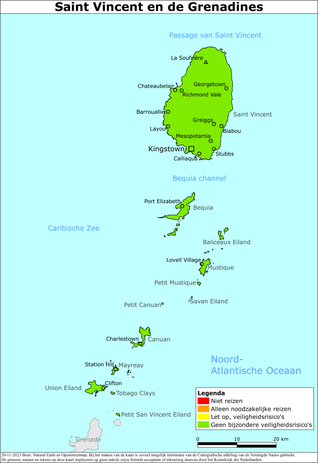 Kaart bij reisadvies Saint Vincent en de Grenadines