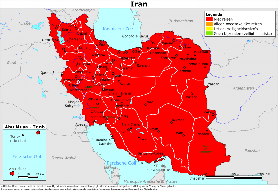 Kaart bij reisadvies Iran