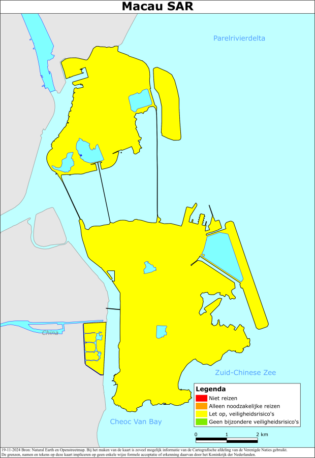Reisadvies kaart van Macau SAR van China op 19 nov. 2024