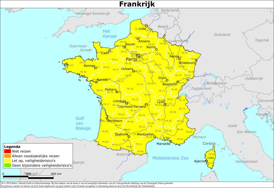 Kaart bij reisadvies Frankrijk