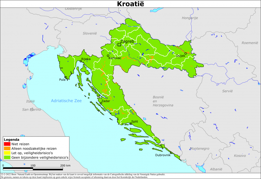 Kaart bij reisadvies Kroatië