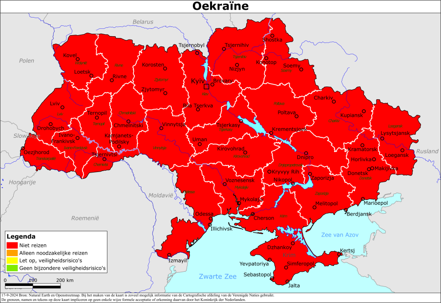 Reisadvies kaart van Oekraïne op 14 mei 2024