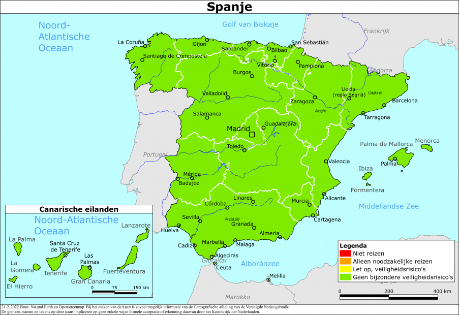 Kaart bij reisadvies Spanje