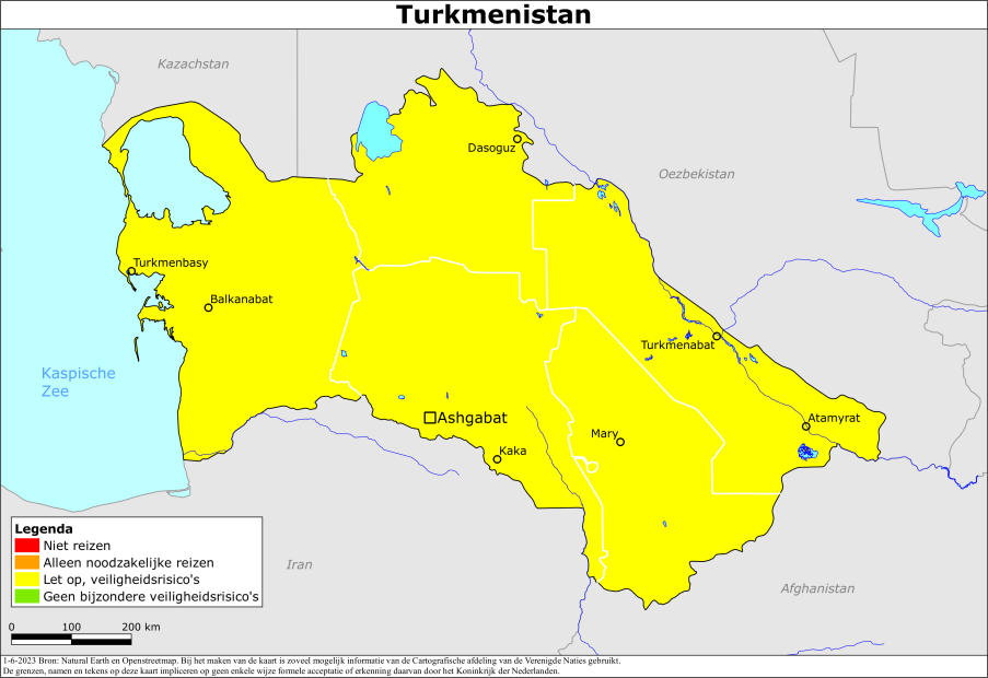 Kaart bij reisadvies Turkmenistan