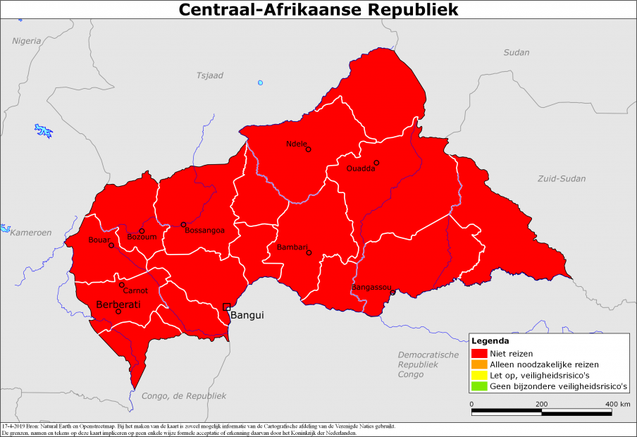 Kaart bij reisadvies Centraal-Afrikaanse Republiek