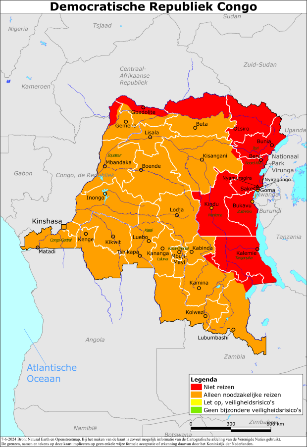 Kaart bij reisadvies Congo, Democratische Republiek