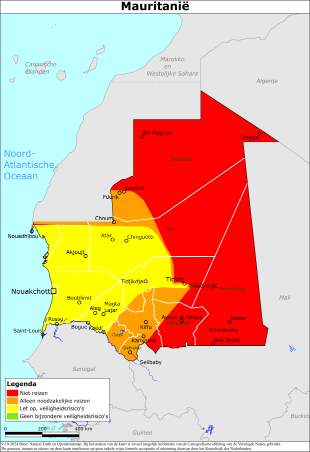 Reisadvies kaart van Mauritanië op 10 okt. 2024