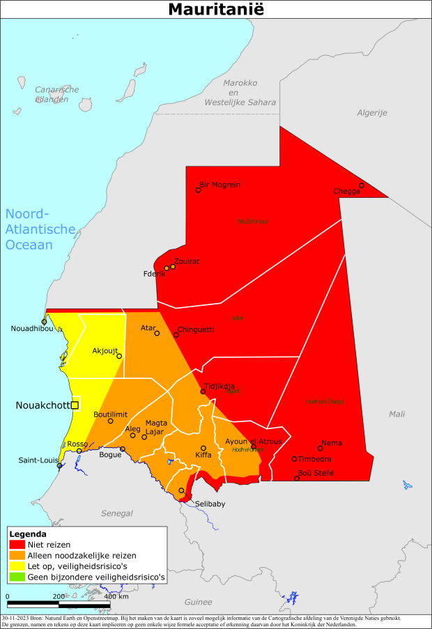 Kaart bij reisadvies Mauritanië