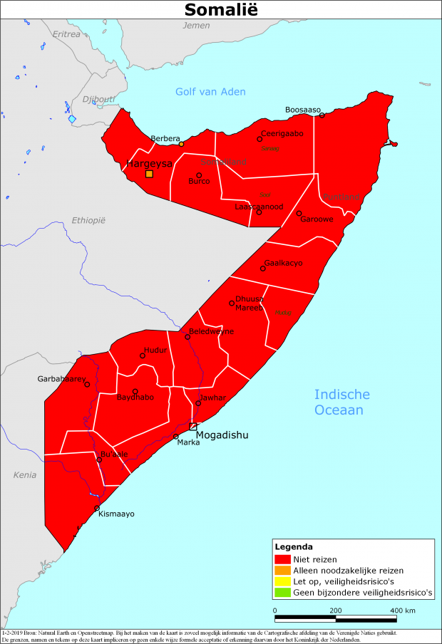 Kaart bij reisadvies Somalië