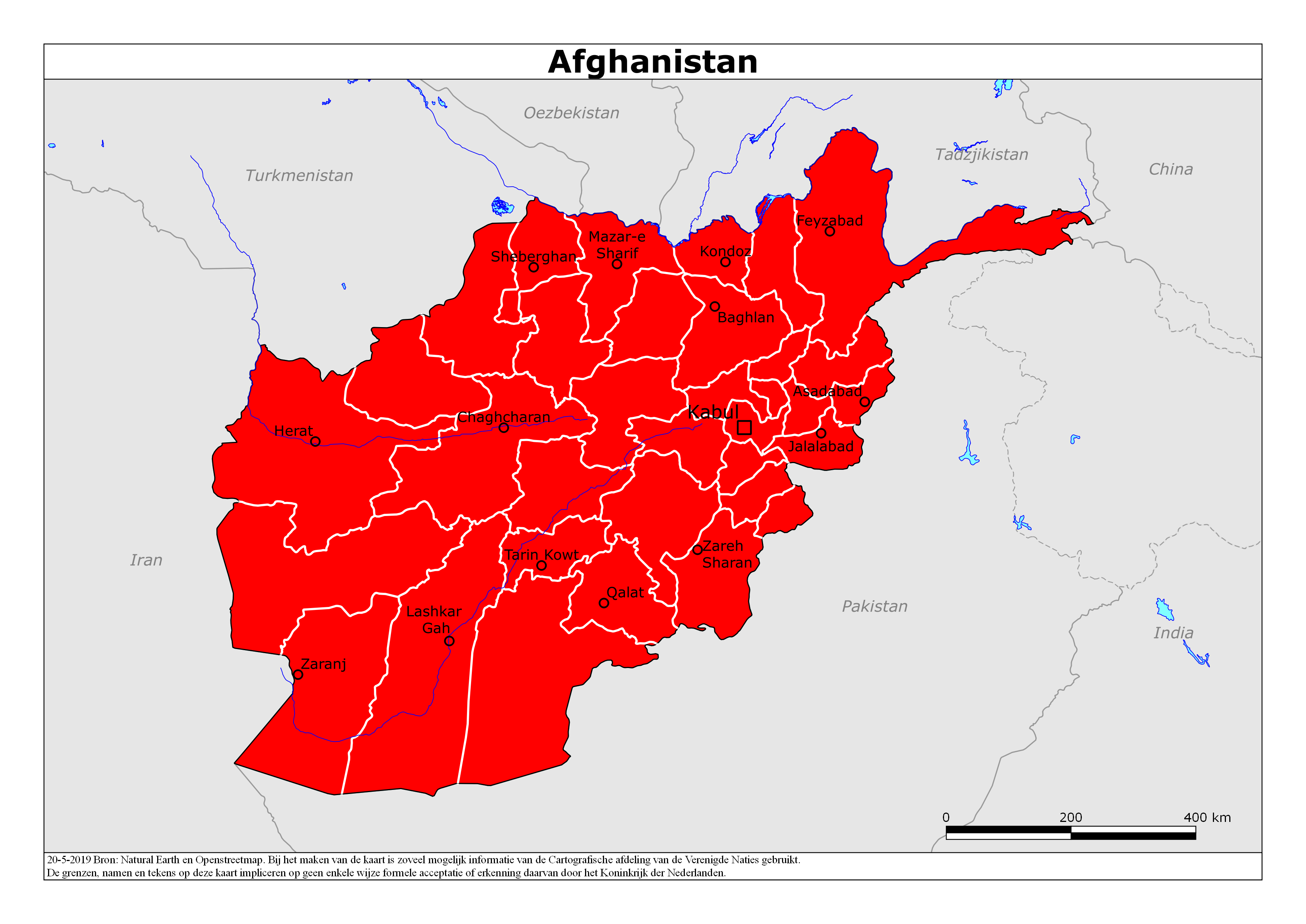 Kaart van het reisadvies voor Afghanistan met kleurcodes per gebied