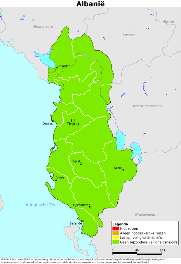 Kaart bij reisadvies Albanië