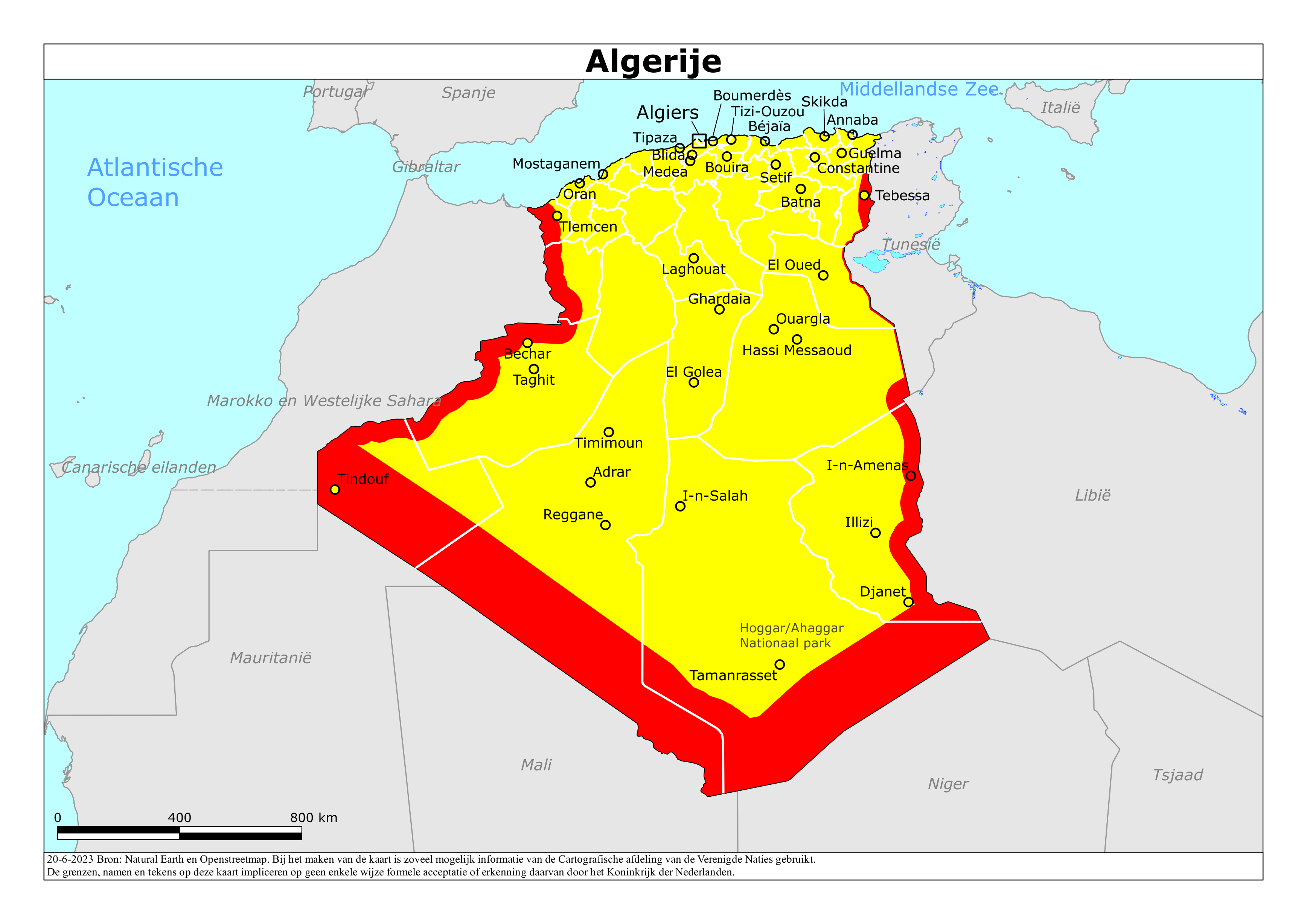 Reisadvies kaart van Algerije op 19 jan. 2026