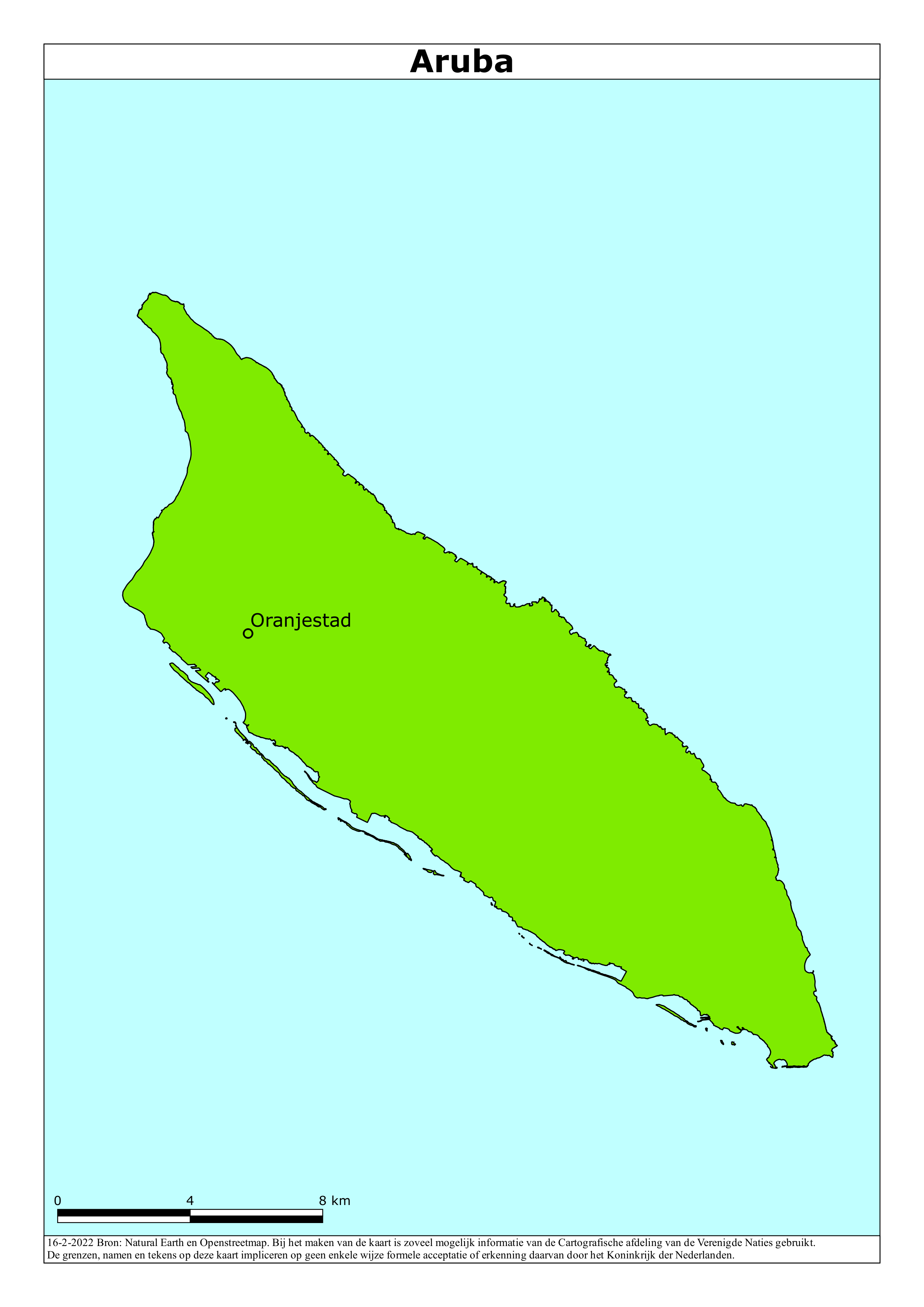 Kaart van het reisadvies voor Aruba met kleurcodes per gebied