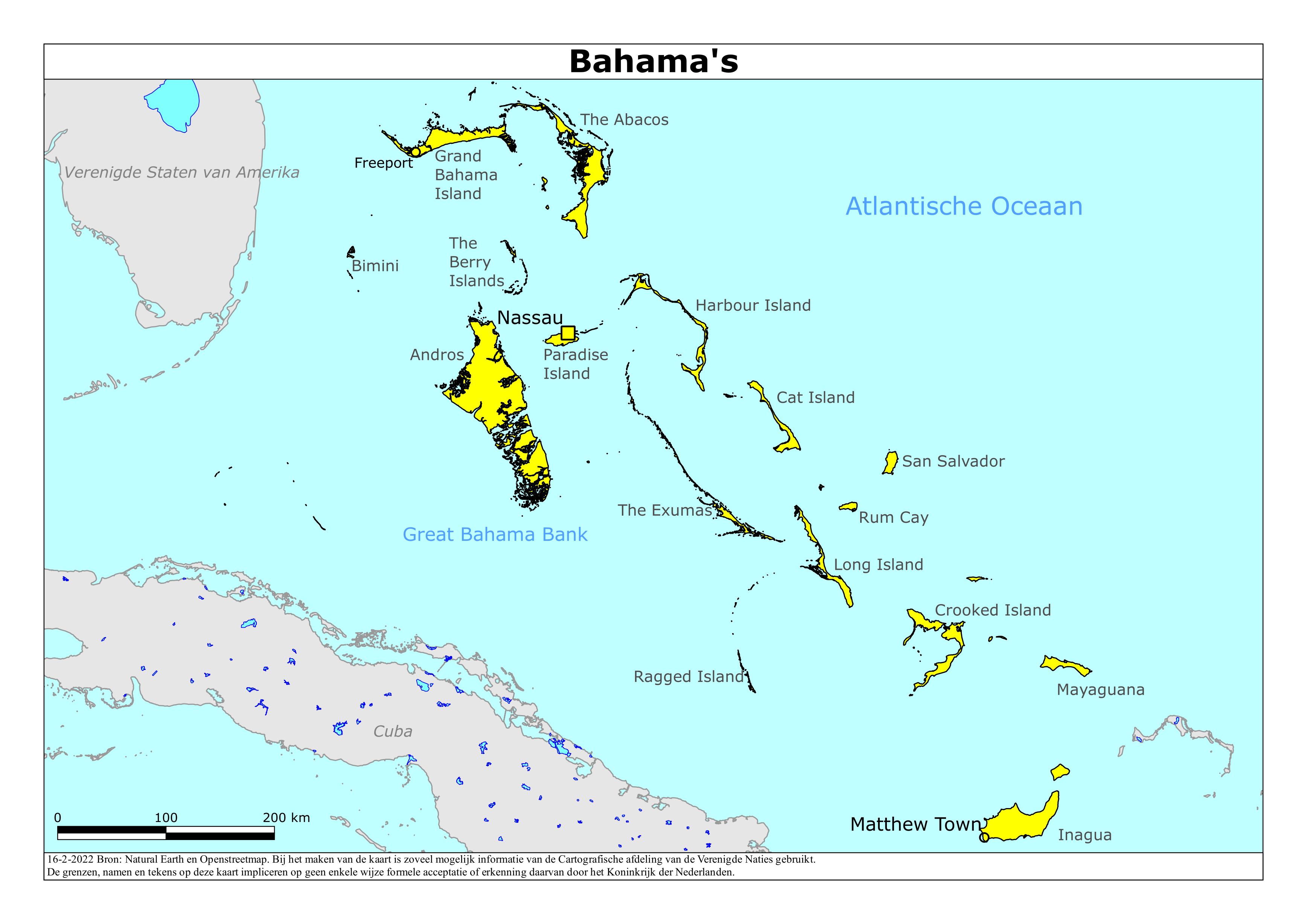 Kaart van het reisadvies voor Bahama’s met kleurcodes per gebied