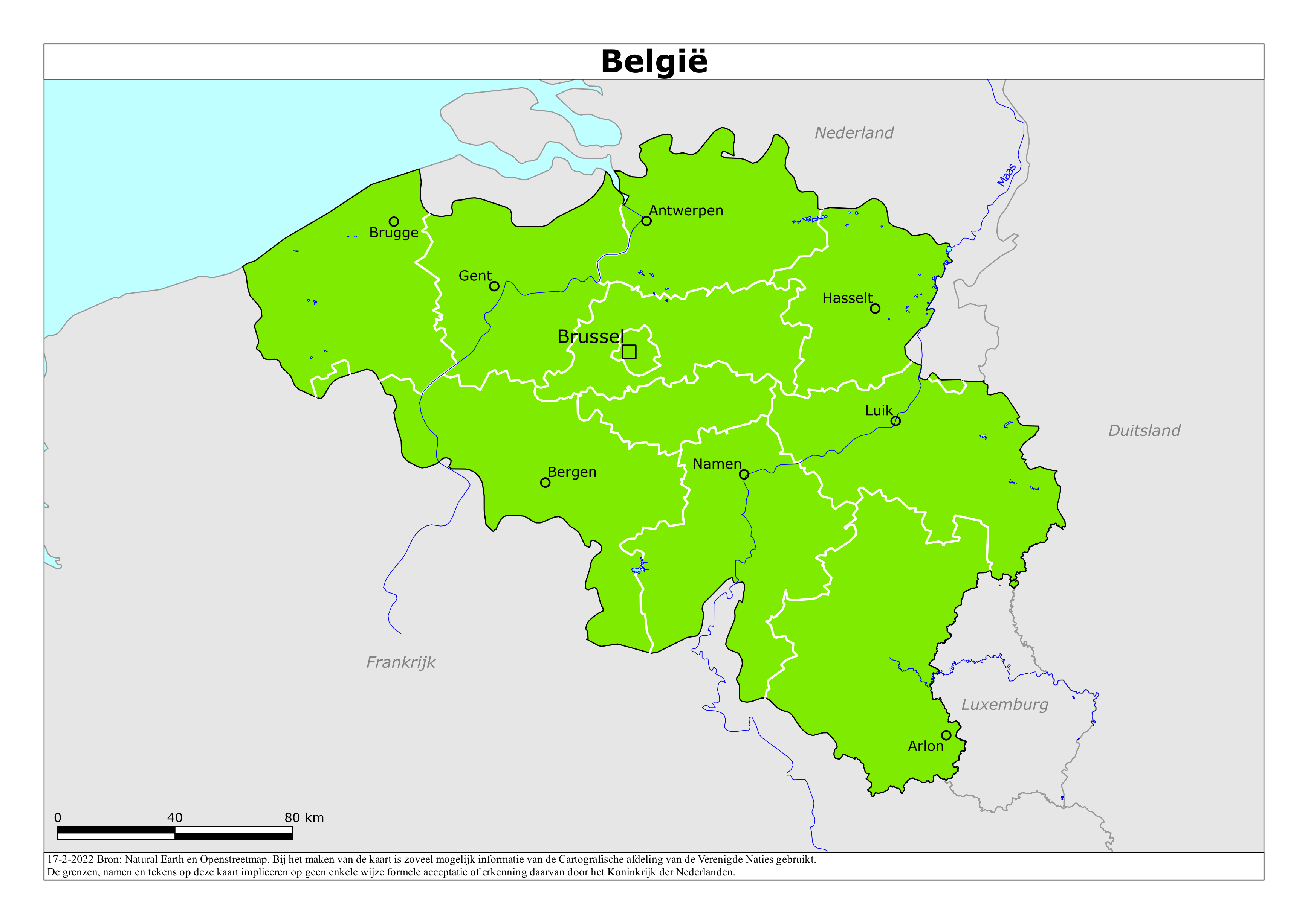 Kaart met risicogebieden van België