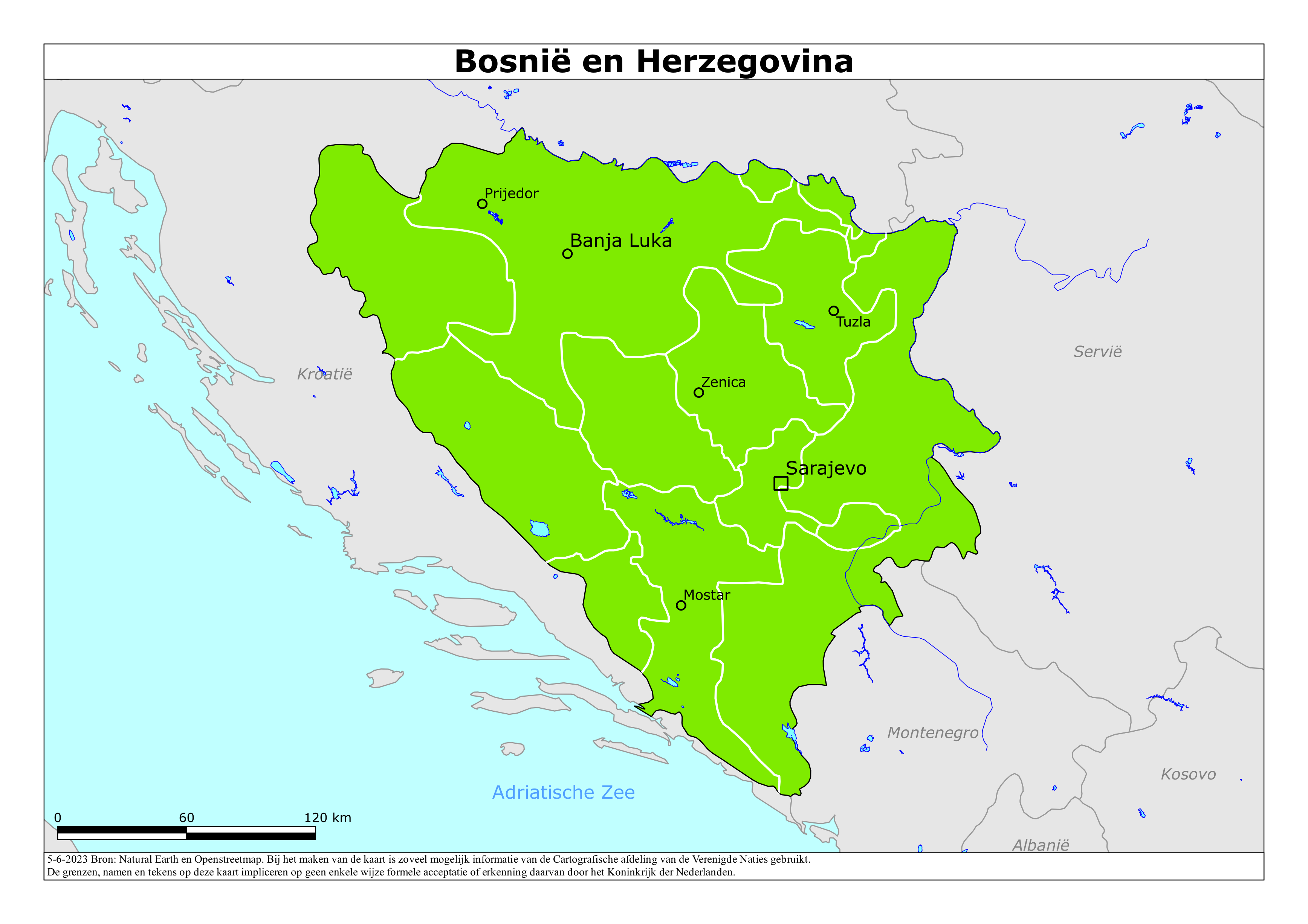 Kaart van het reisadvies voor Bosnië en Herzegovina met kleurcodes per gebied