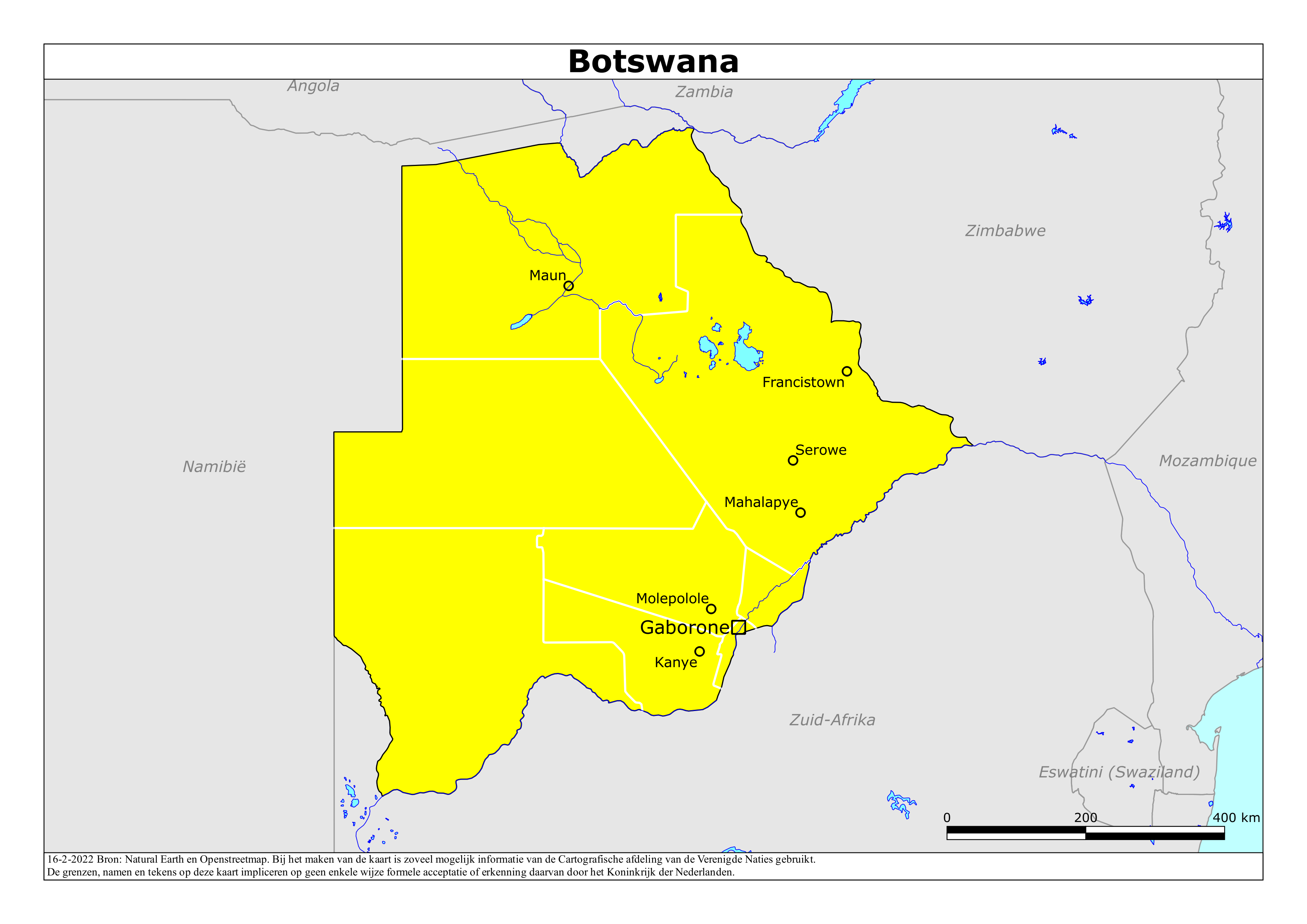 Kaart van het reisadvies voor Botswana met kleurcodes per gebied
