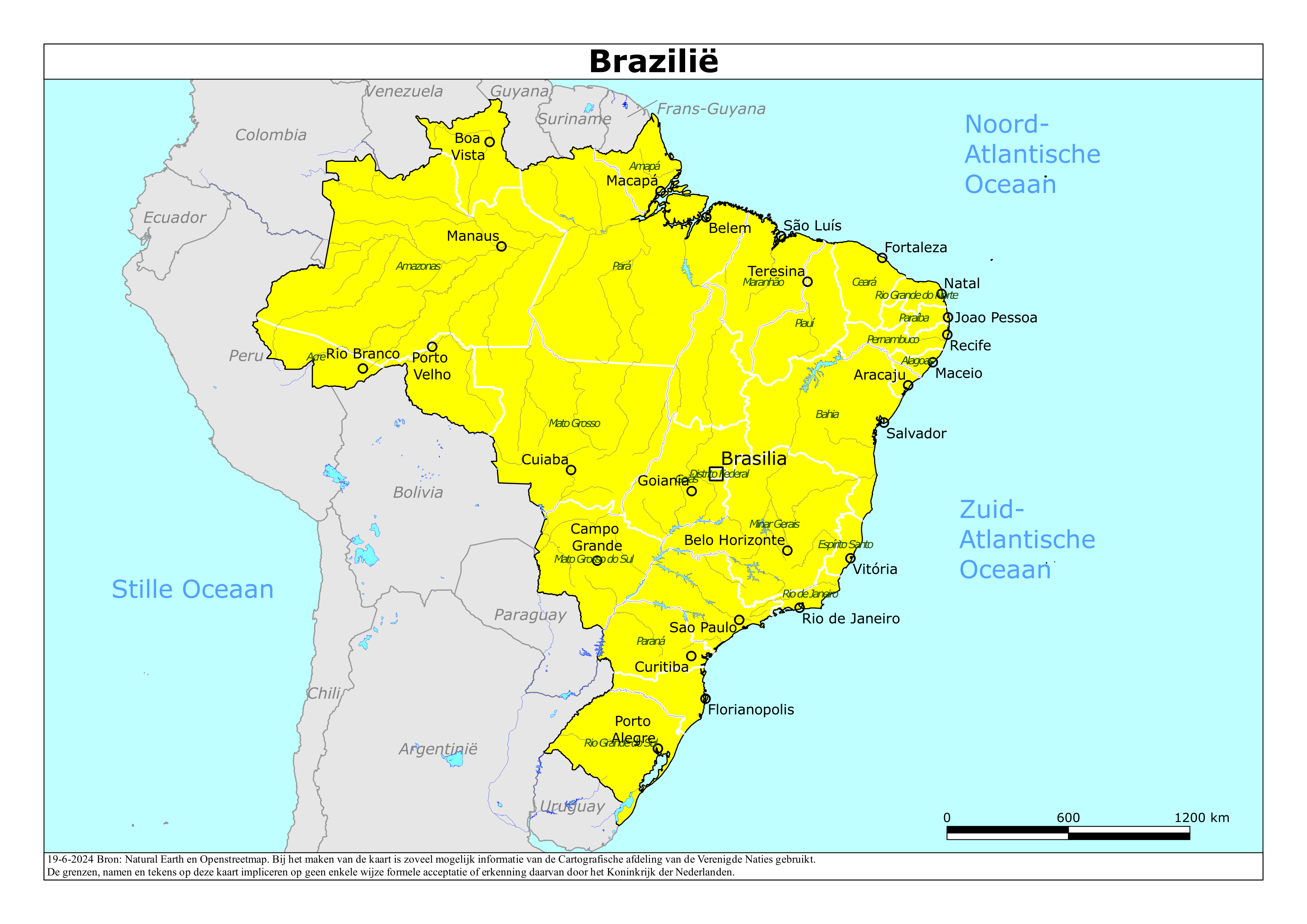 Kaart van het reisadvies voor Brazilië met kleurcodes per gebied