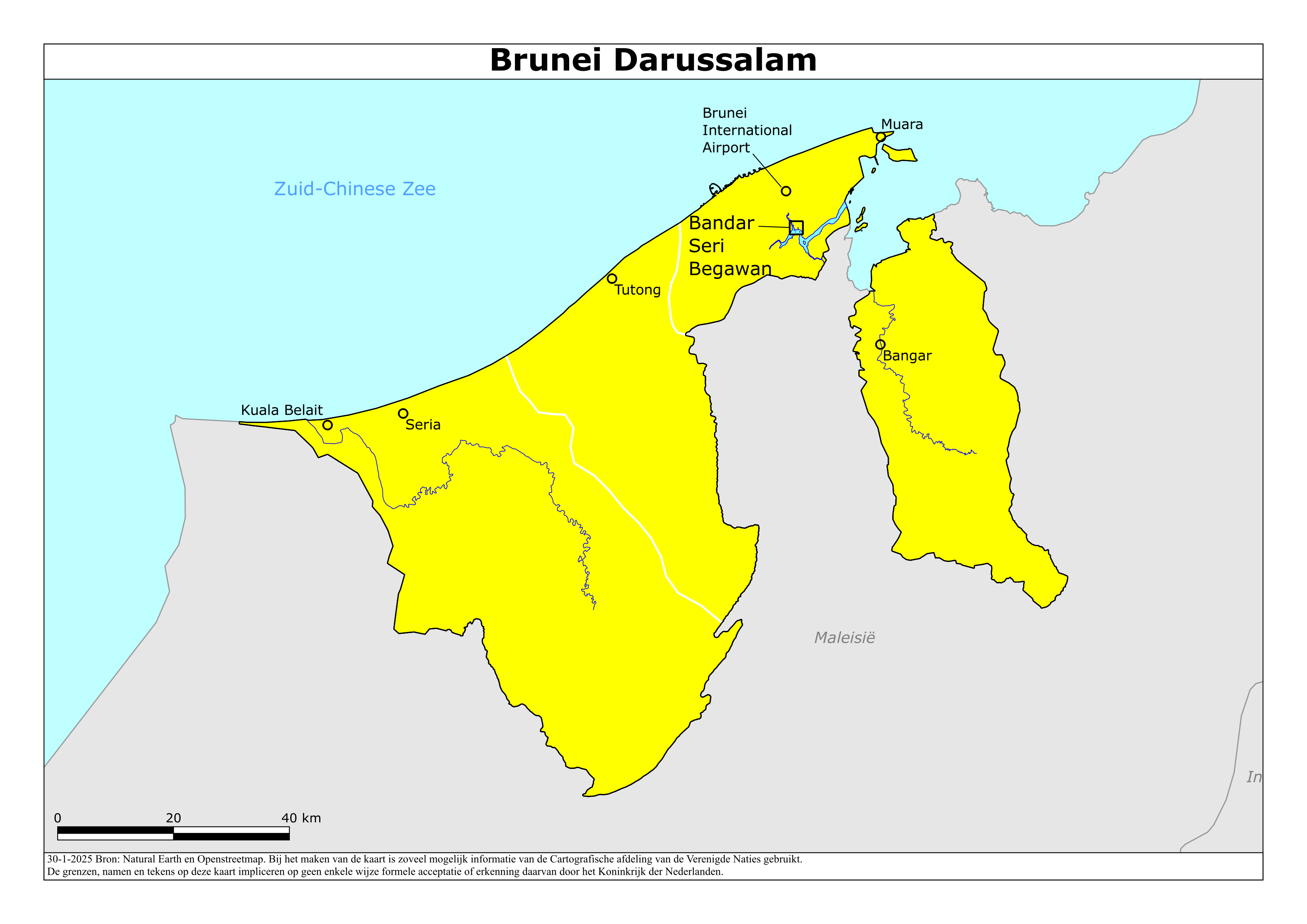 Kaart van het reisadvies voor Brunei met kleurcodes per gebied
