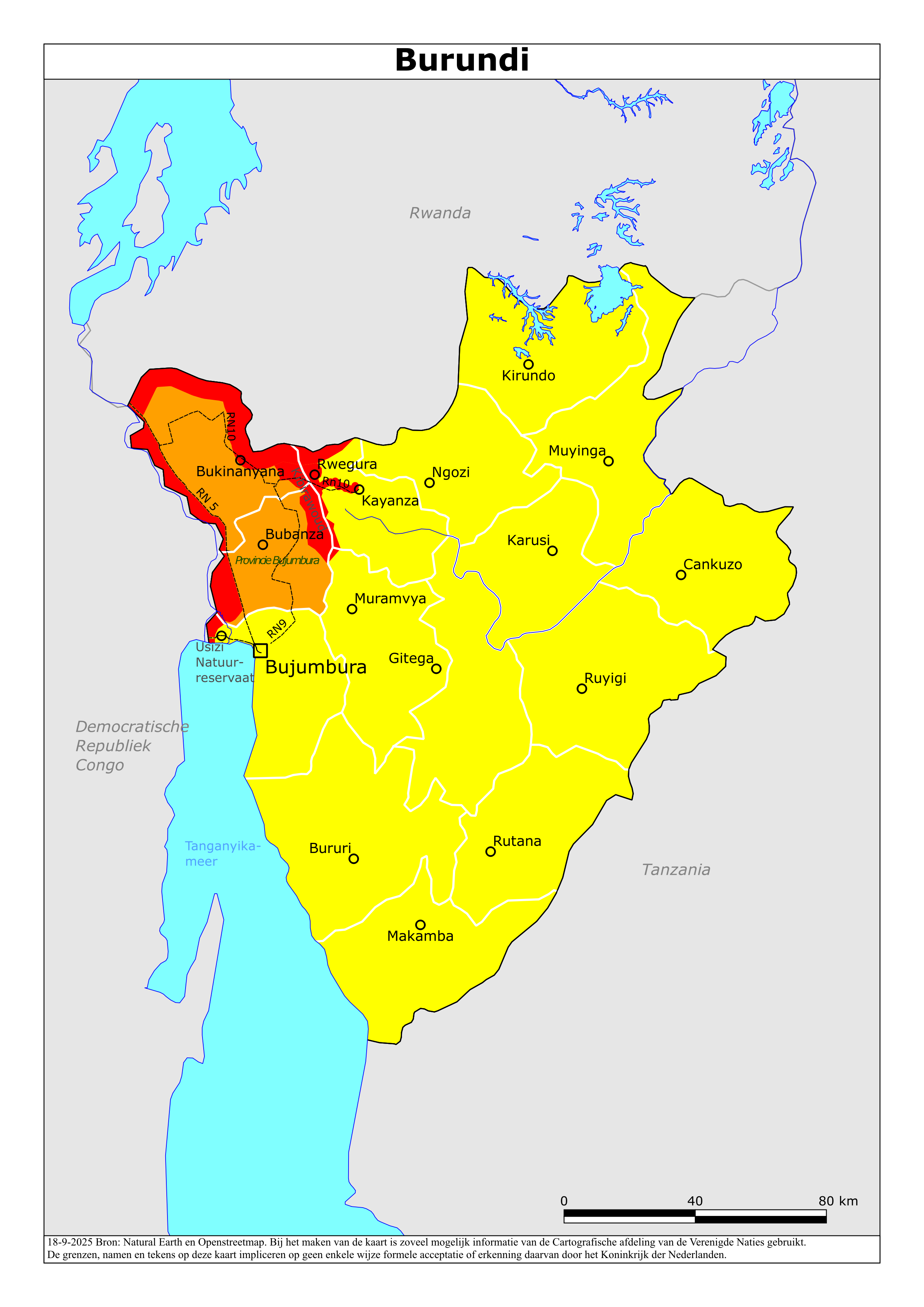 Reisadvies kaart van Burundi op 19 jan. 2026
