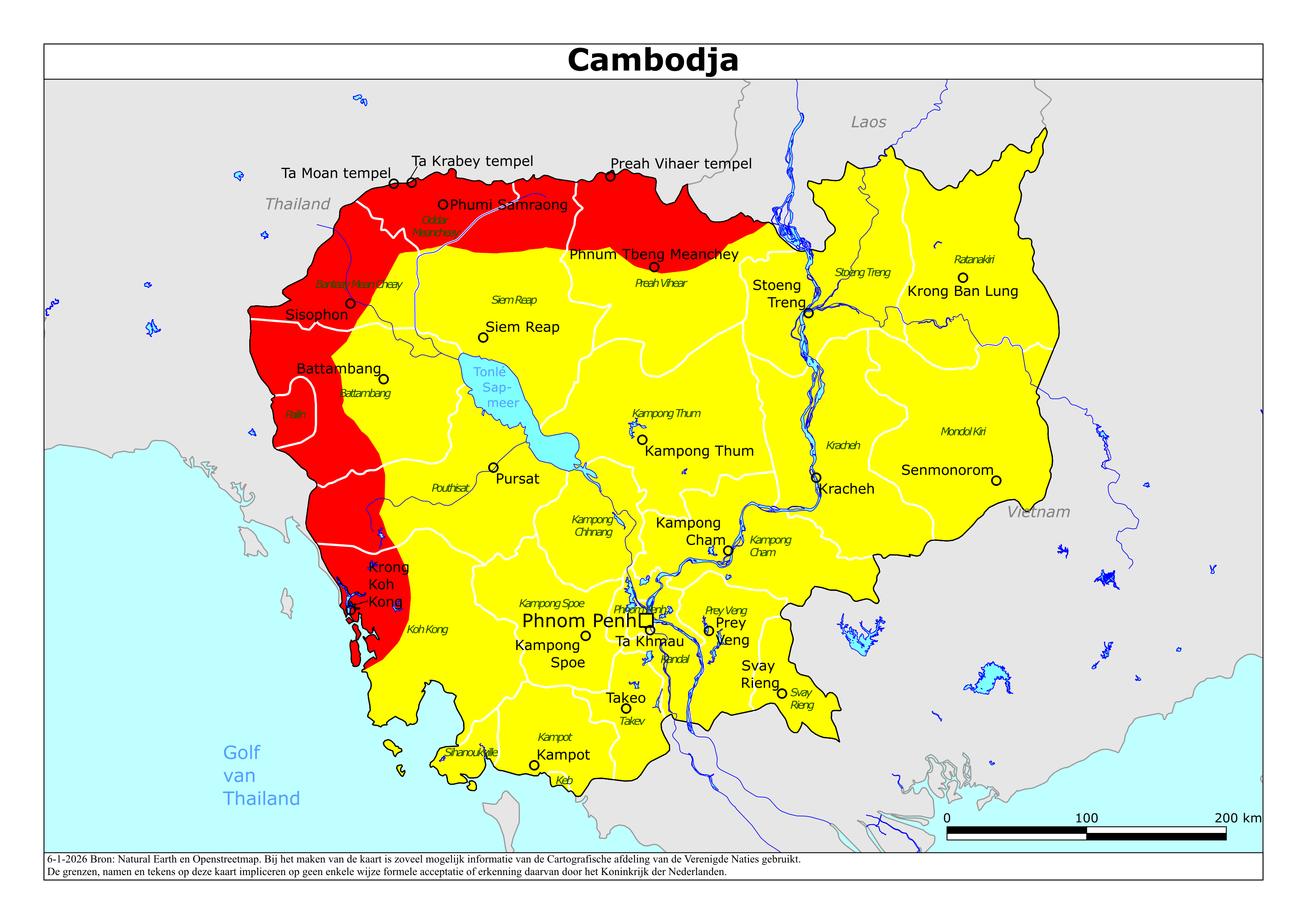 Reisadvies kaart van Cambodja op 19 jan. 2026