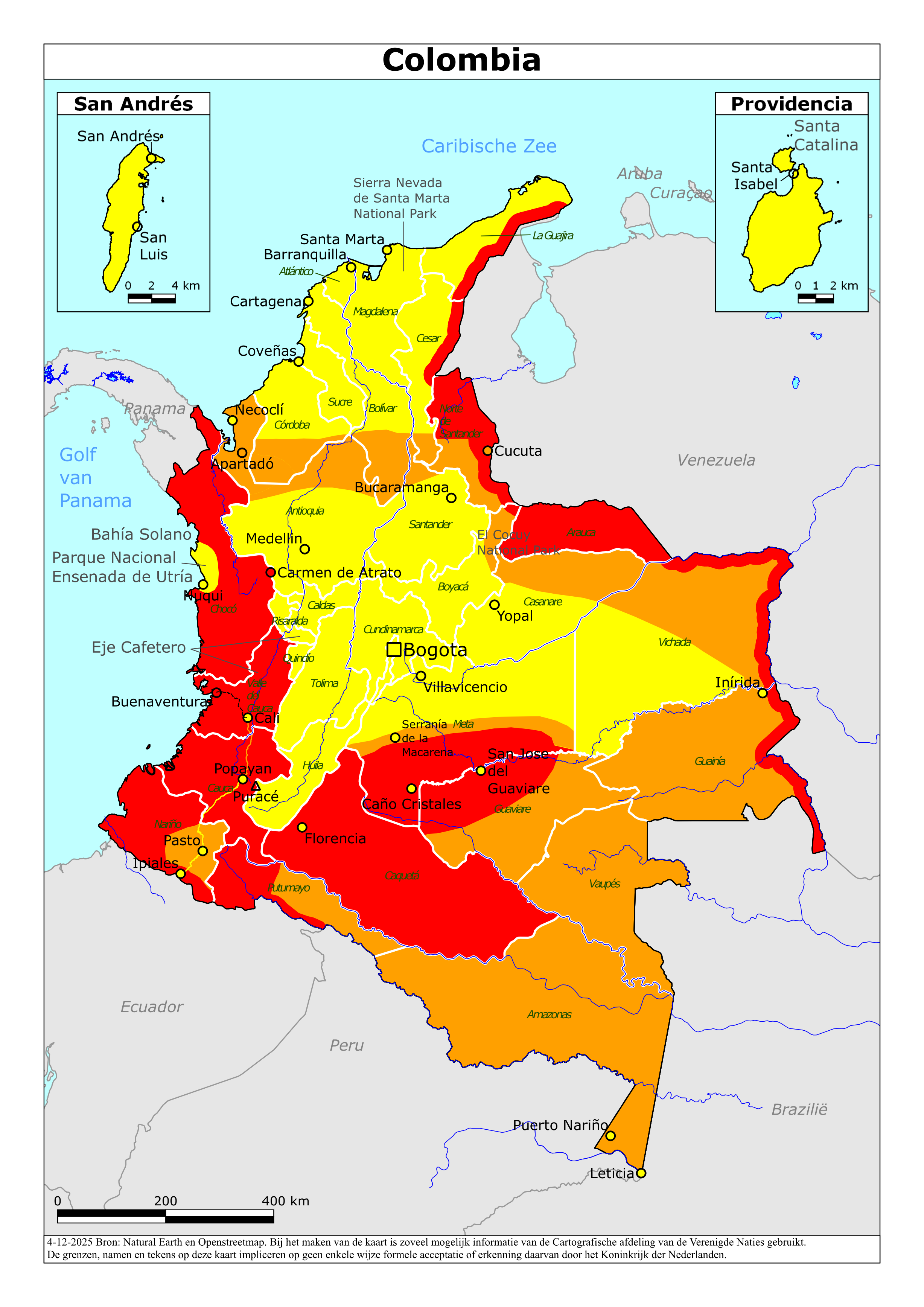Reisadvies kaart van Colombia op 19 jan. 2026