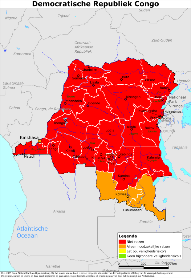 Kaart bij het reisadvies Democratische Republiek Congo