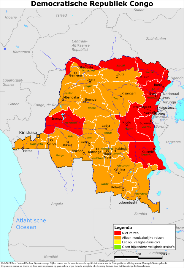 Kaart bij reisadvies Democratische Republiek Congo