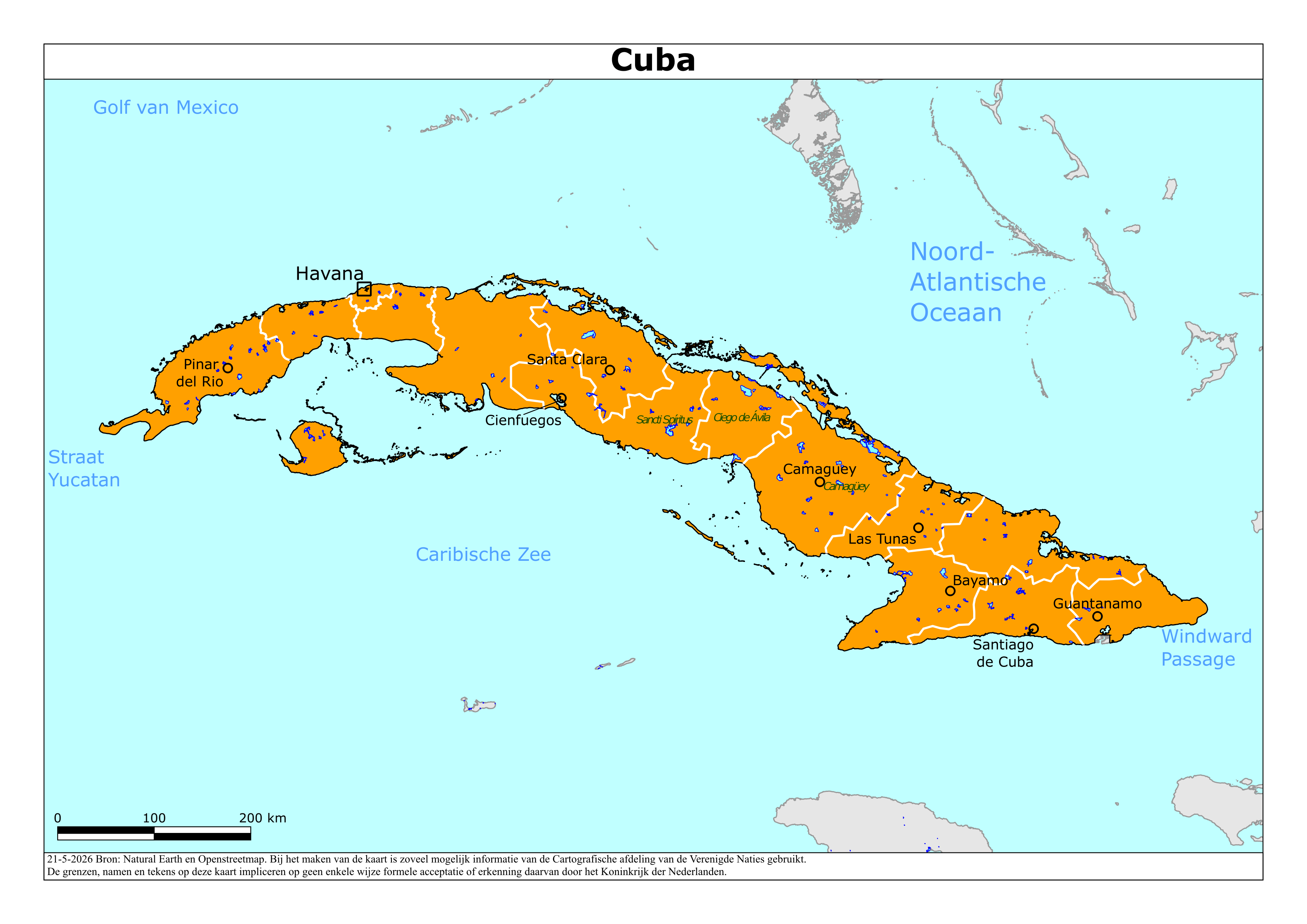 Kaart van het reisadvies voor Cuba met kleurcodes per gebied
