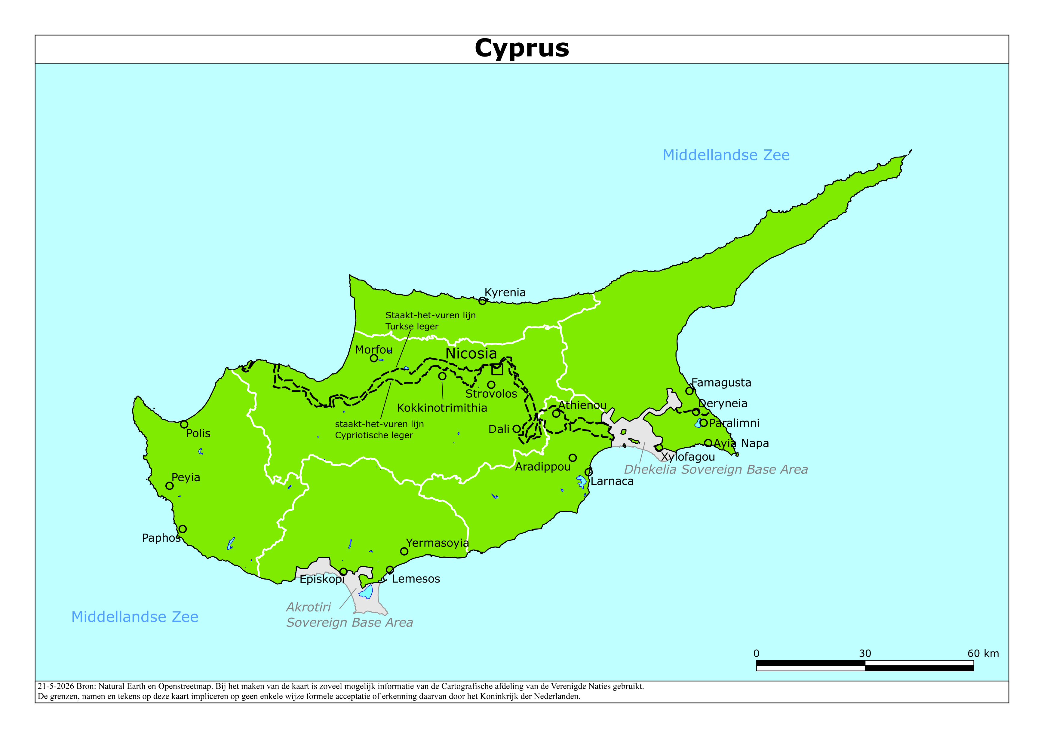 Kaart van het reisadvies voor Cyprus met kleurcodes per gebied