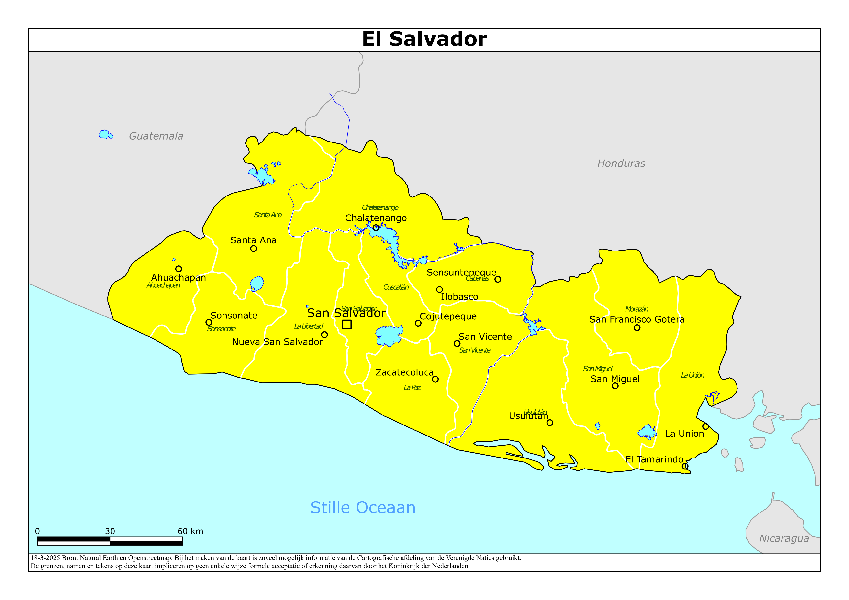 Kaart van het reisadvies voor El Salvador met kleurcodes per gebied