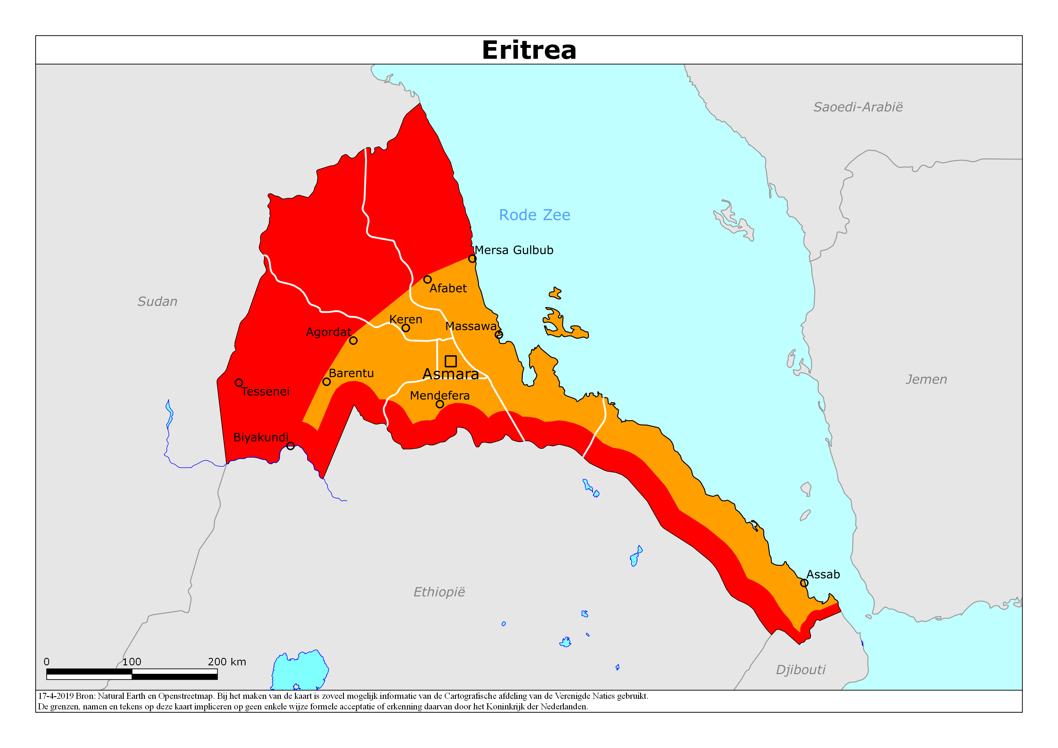 Reisadvies kaart van Eritrea op 19 jan. 2026