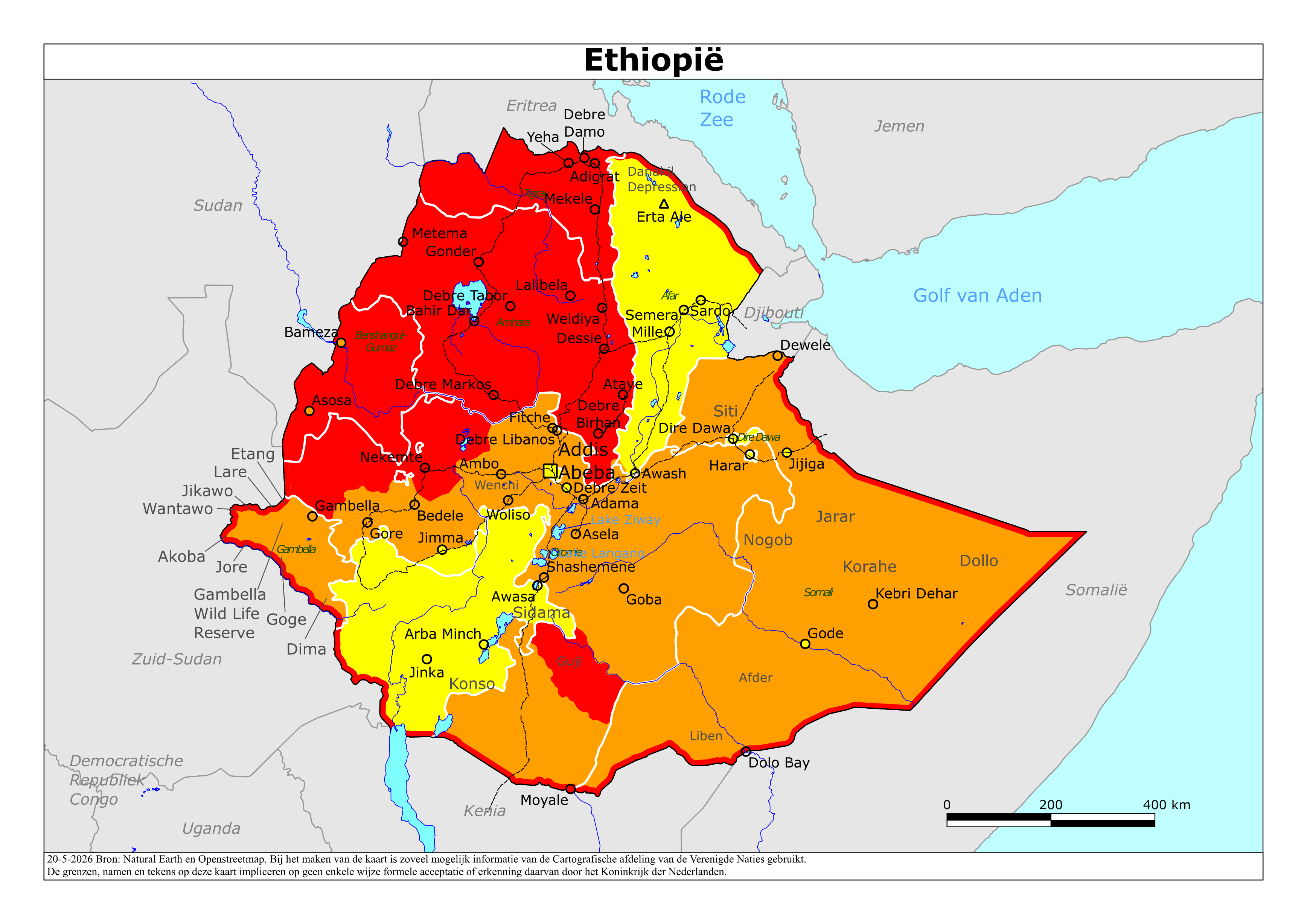 Kaart van het reisadvies voor Ethiopië met kleurcodes per gebied