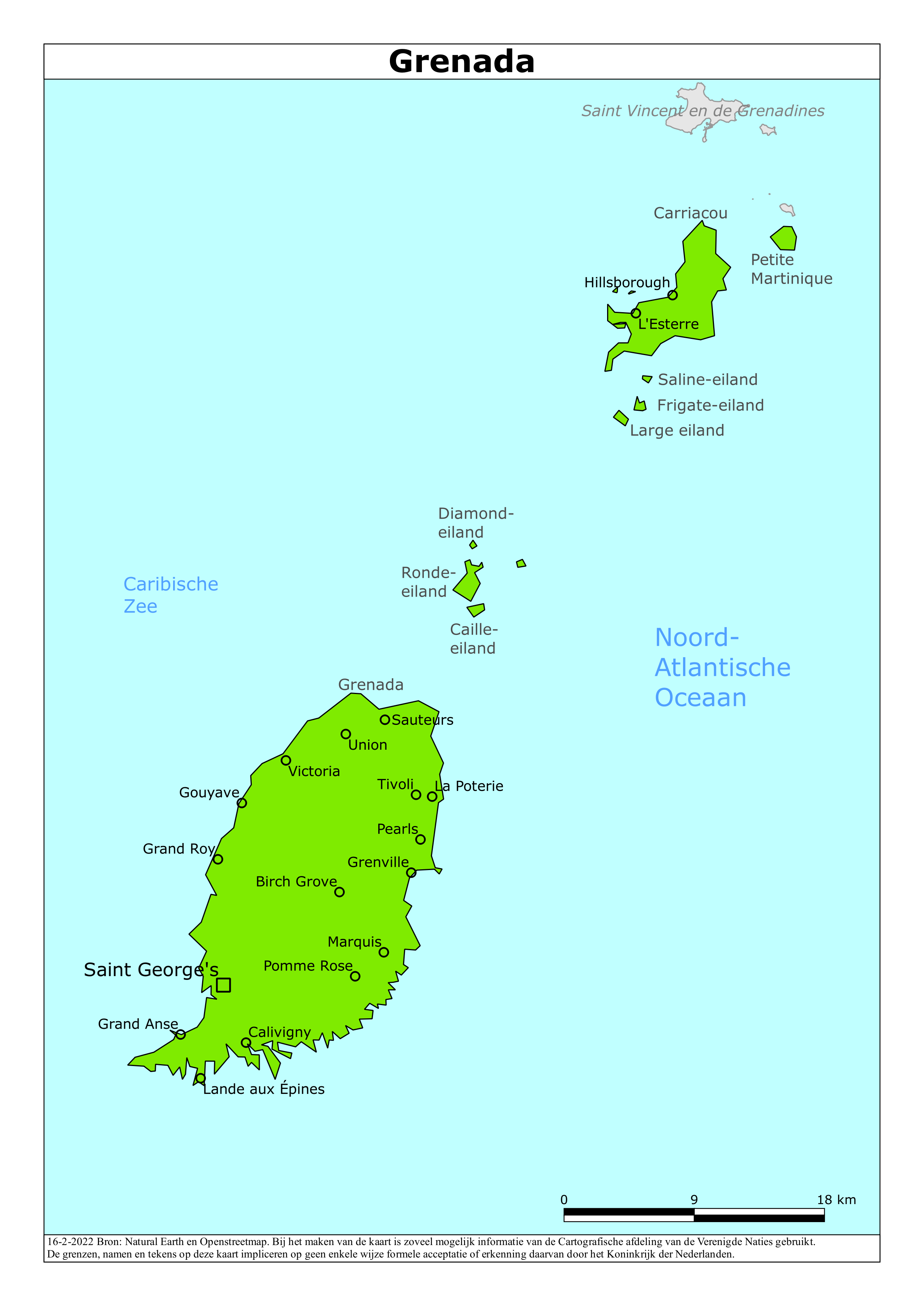 Kaart van het reisadvies voor Grenada met kleurcodes per gebied