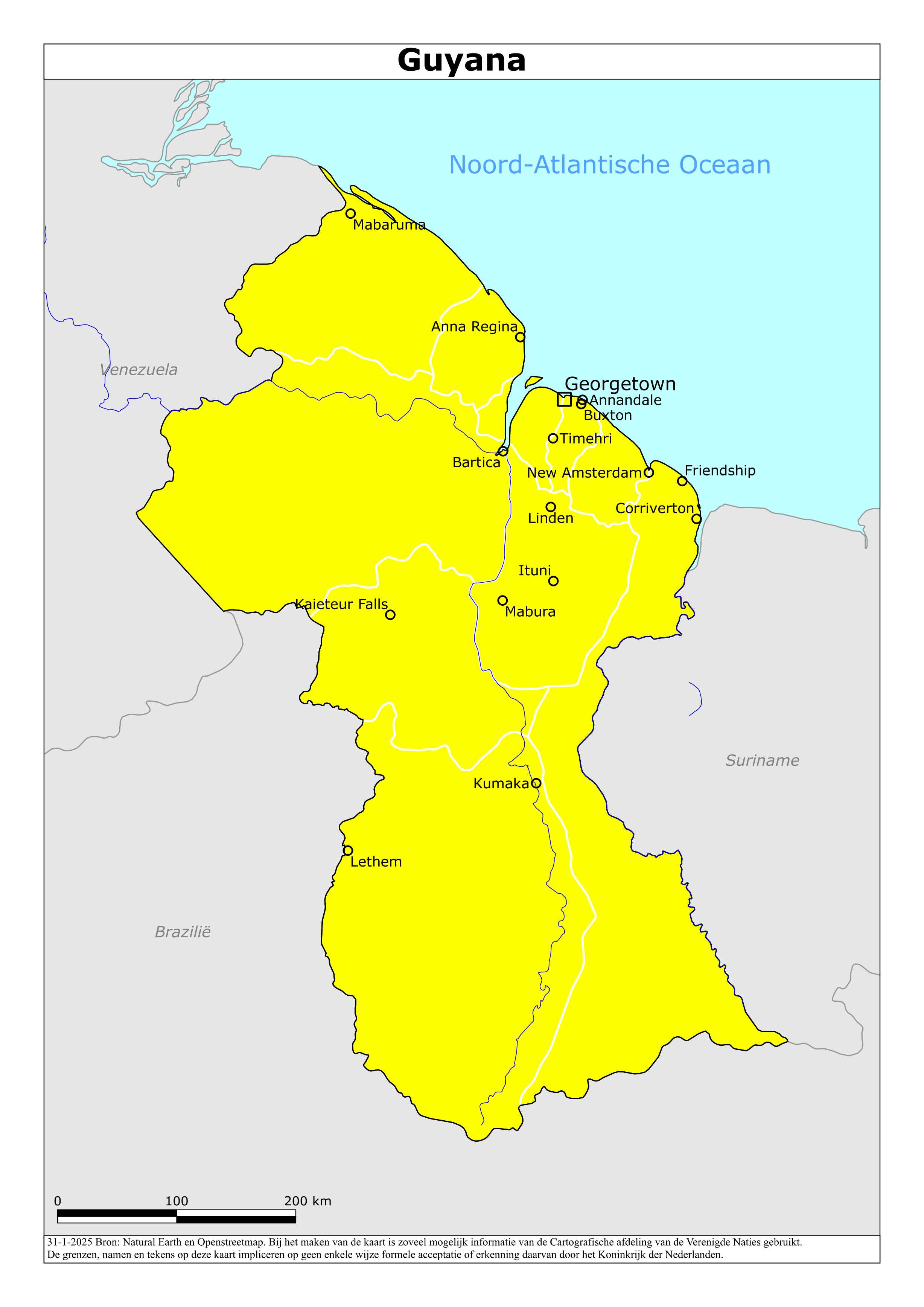 Kaart van het reisadvies voor Guyana met kleurcodes per gebied