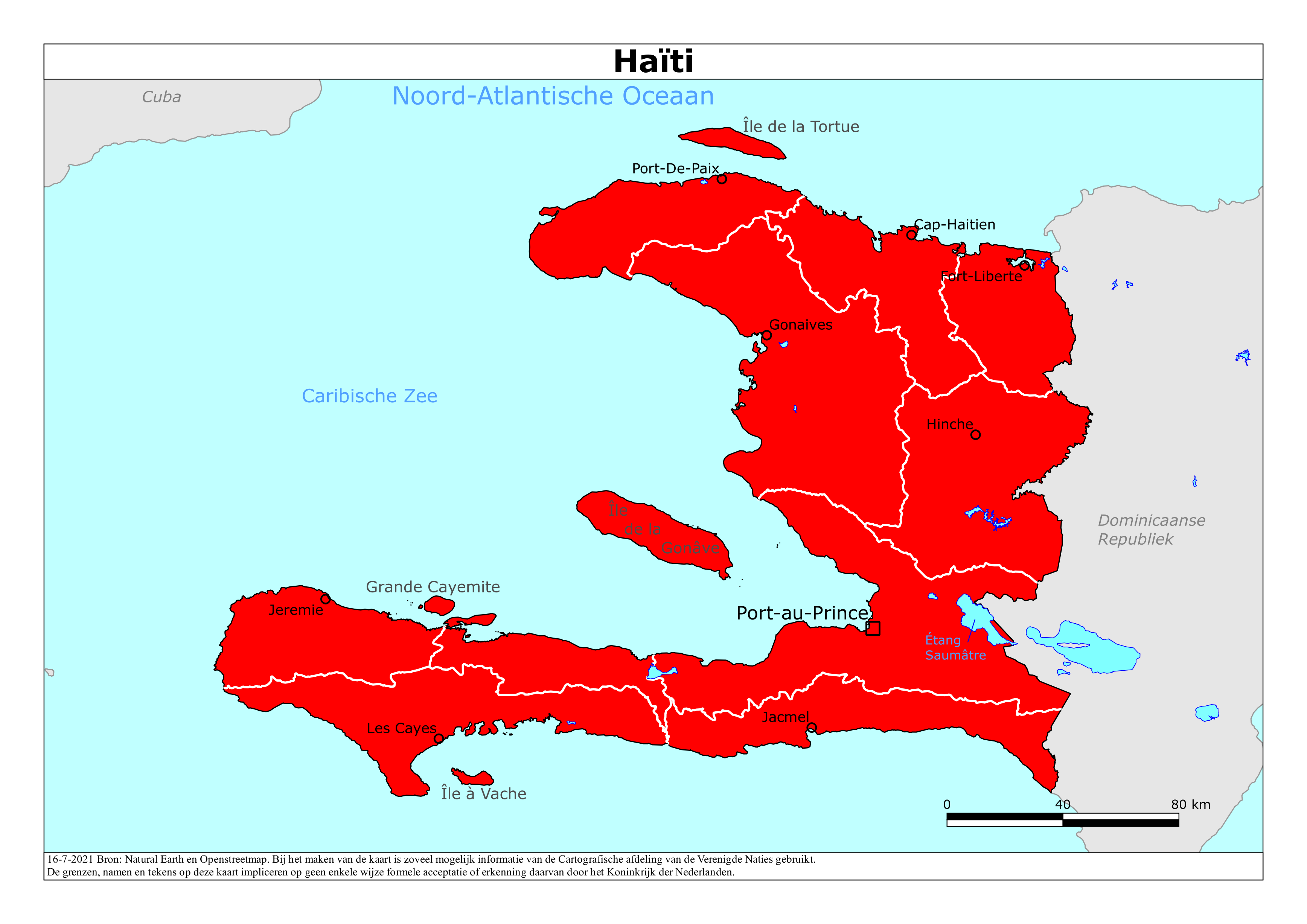 Kaart van het reisadvies voor Haïti met kleurcodes per gebied