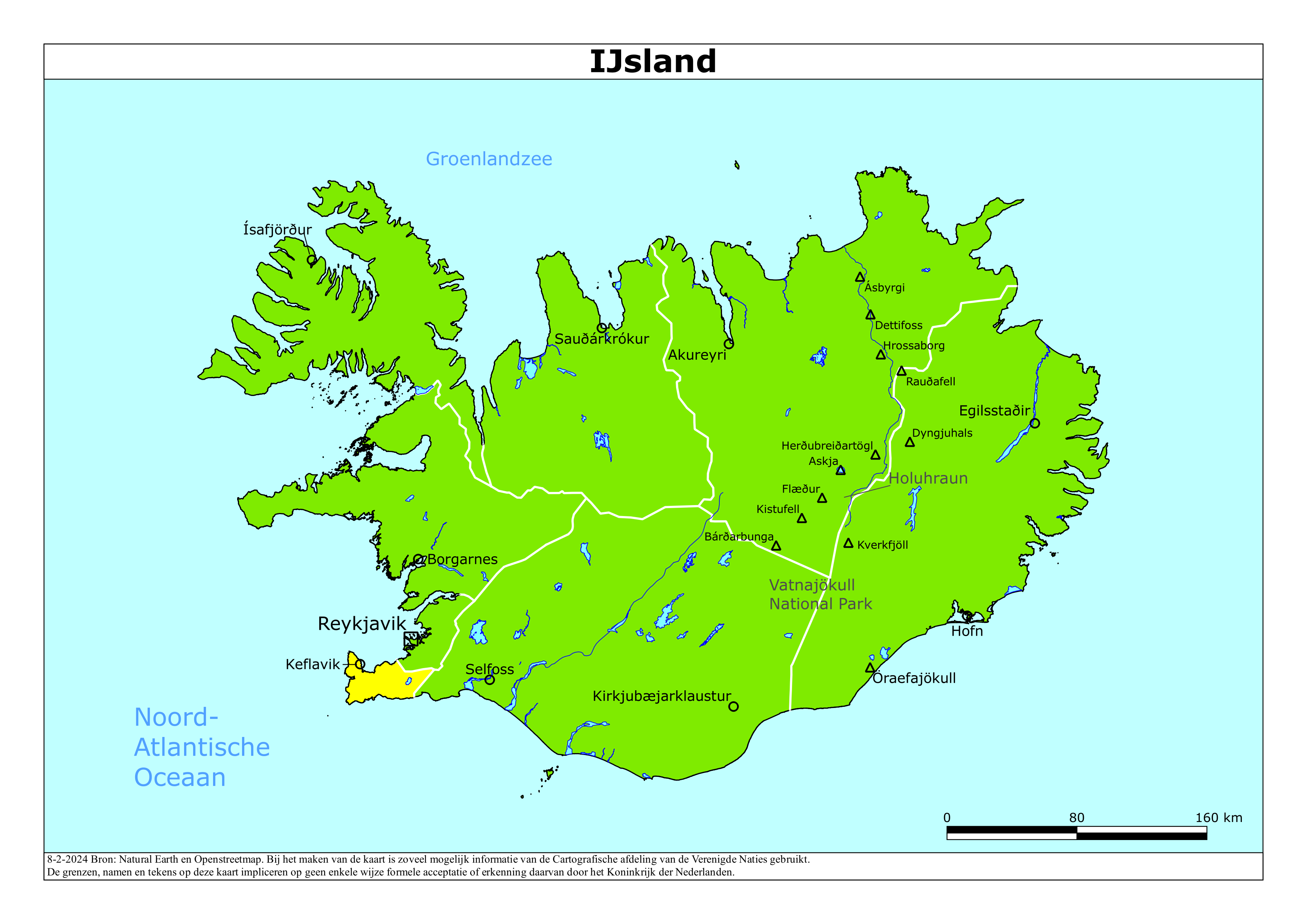 Kaart van het reisadvies voor IJsland met kleurcodes per gebied