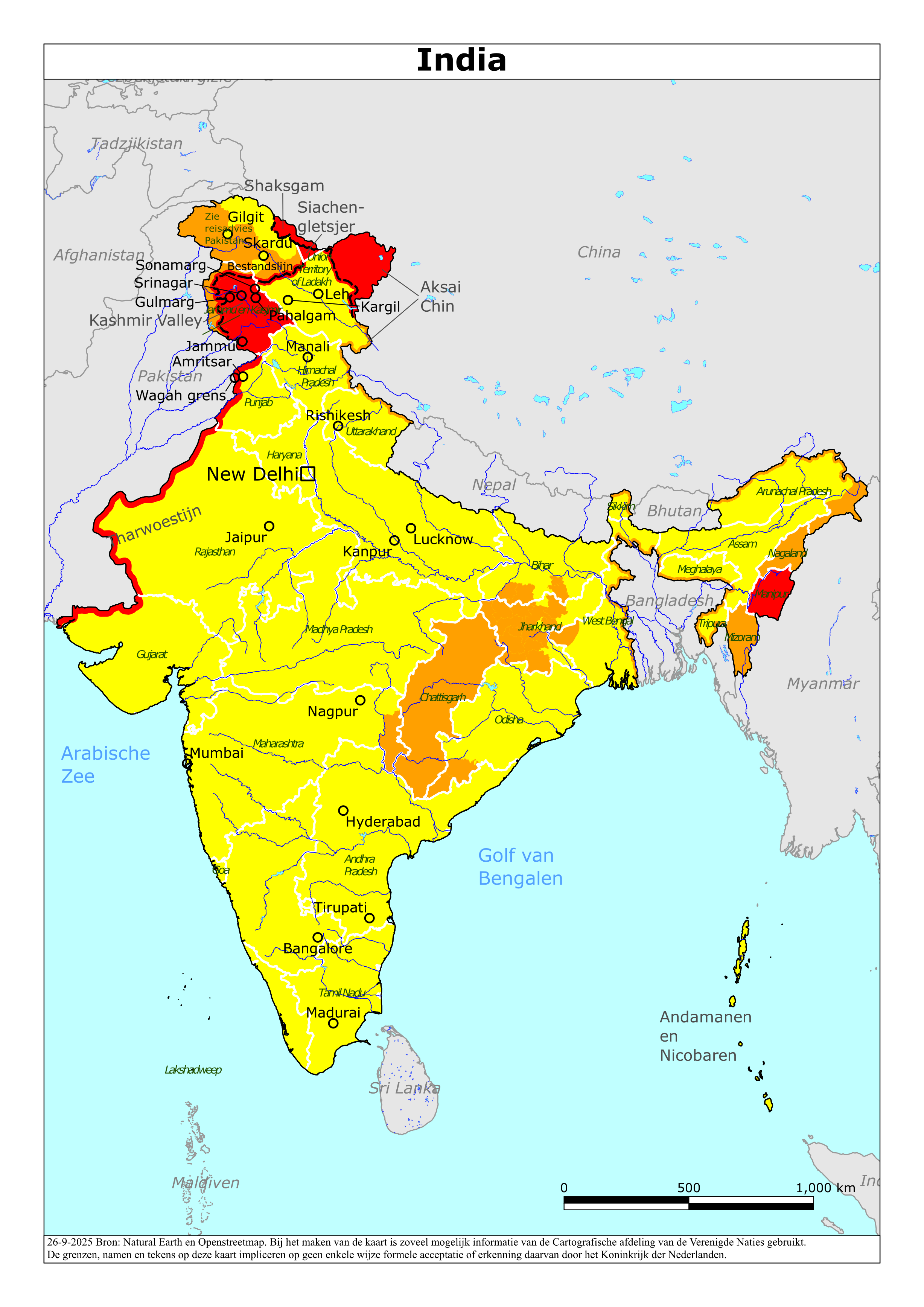 Reisadvies kaart van India op 19 jan. 2026