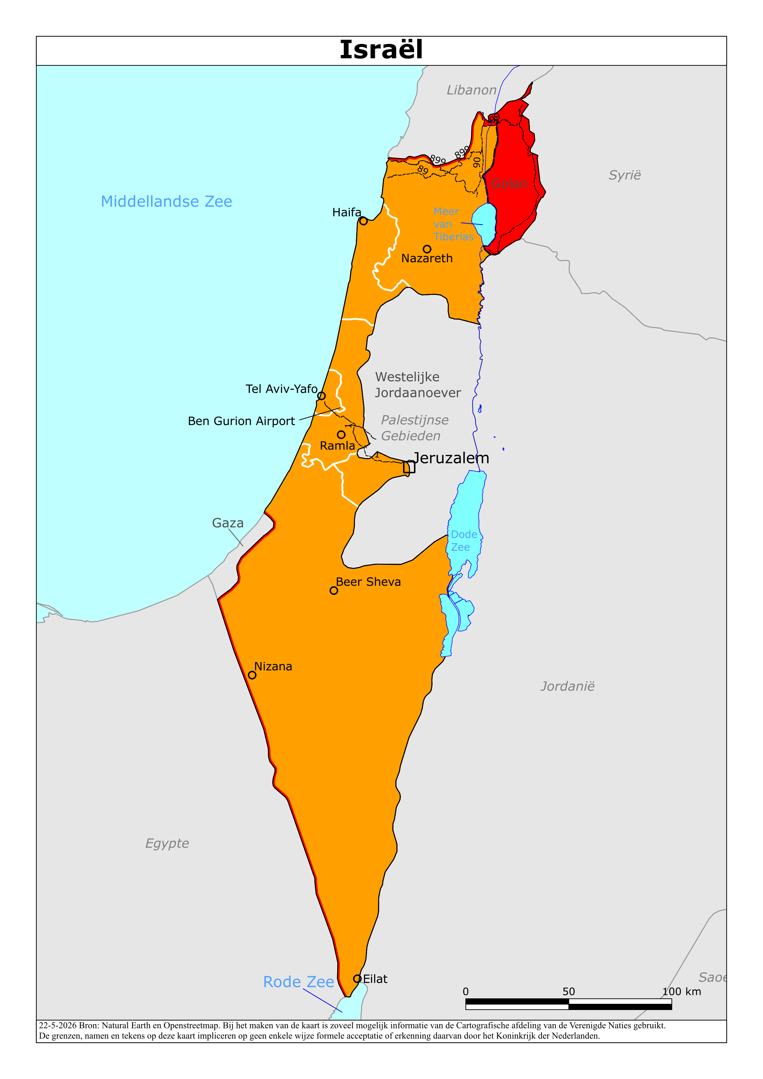 Kaart met risicogebieden van Israël