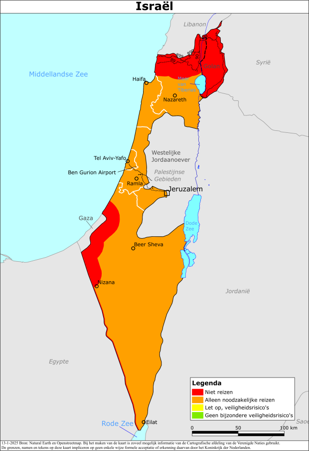 Kaart bij reisadvies Israël