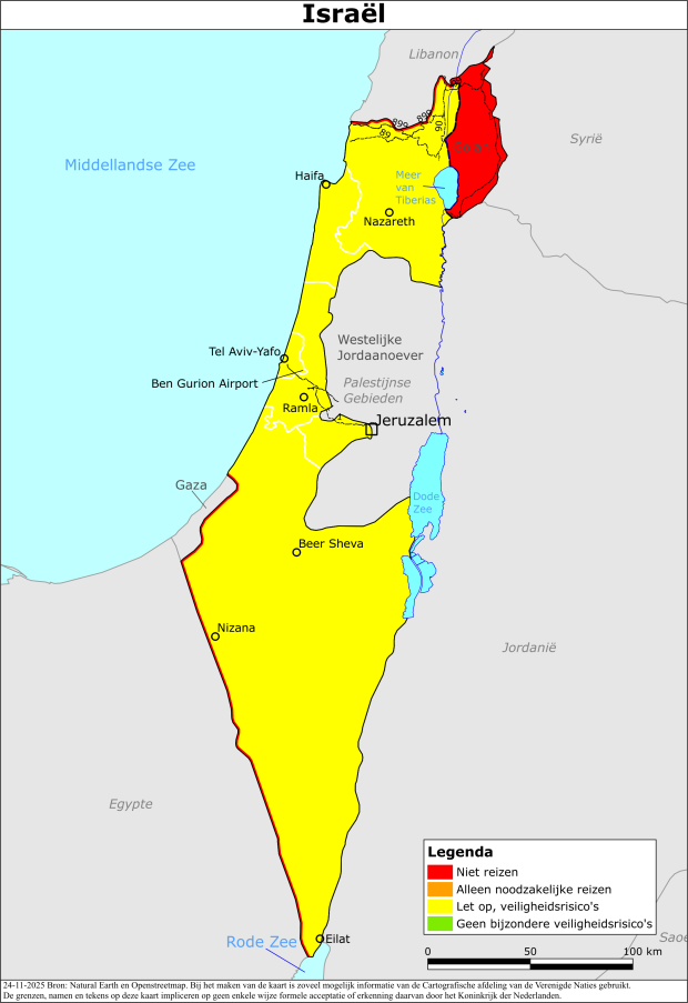 Kaart bij reisadvies Israël