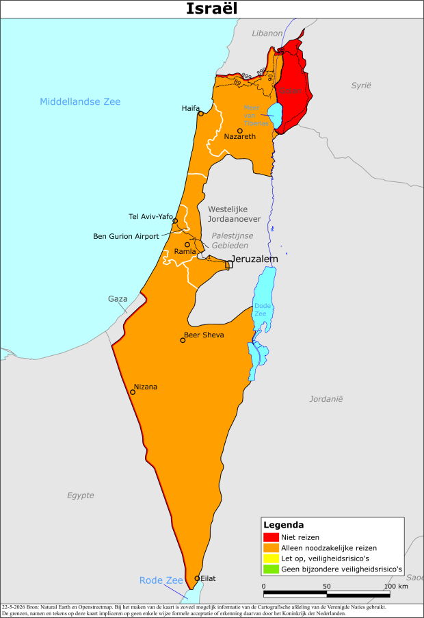 Kaart bij reisadvies Israël