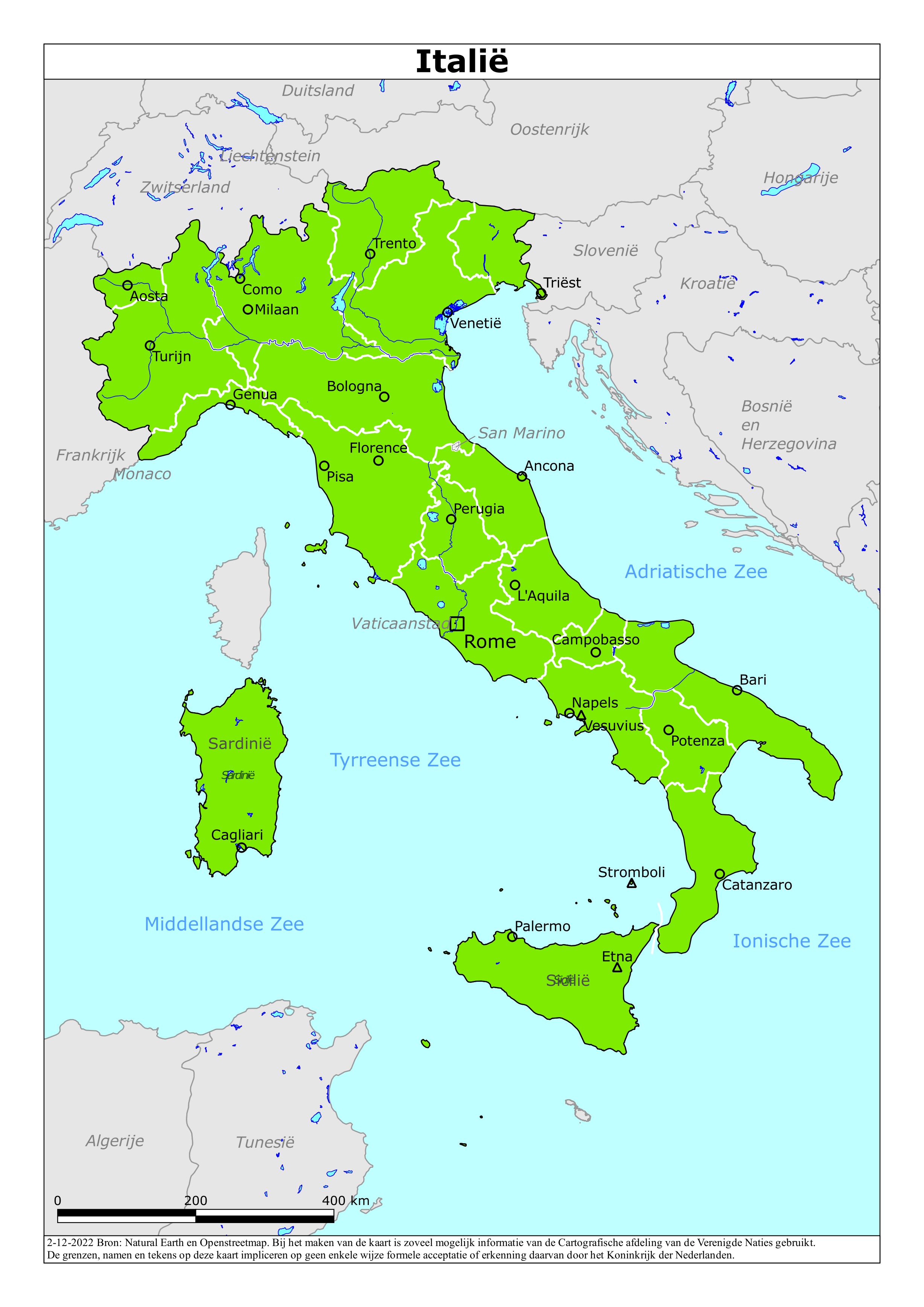 Kaart met risicogebieden van Italië