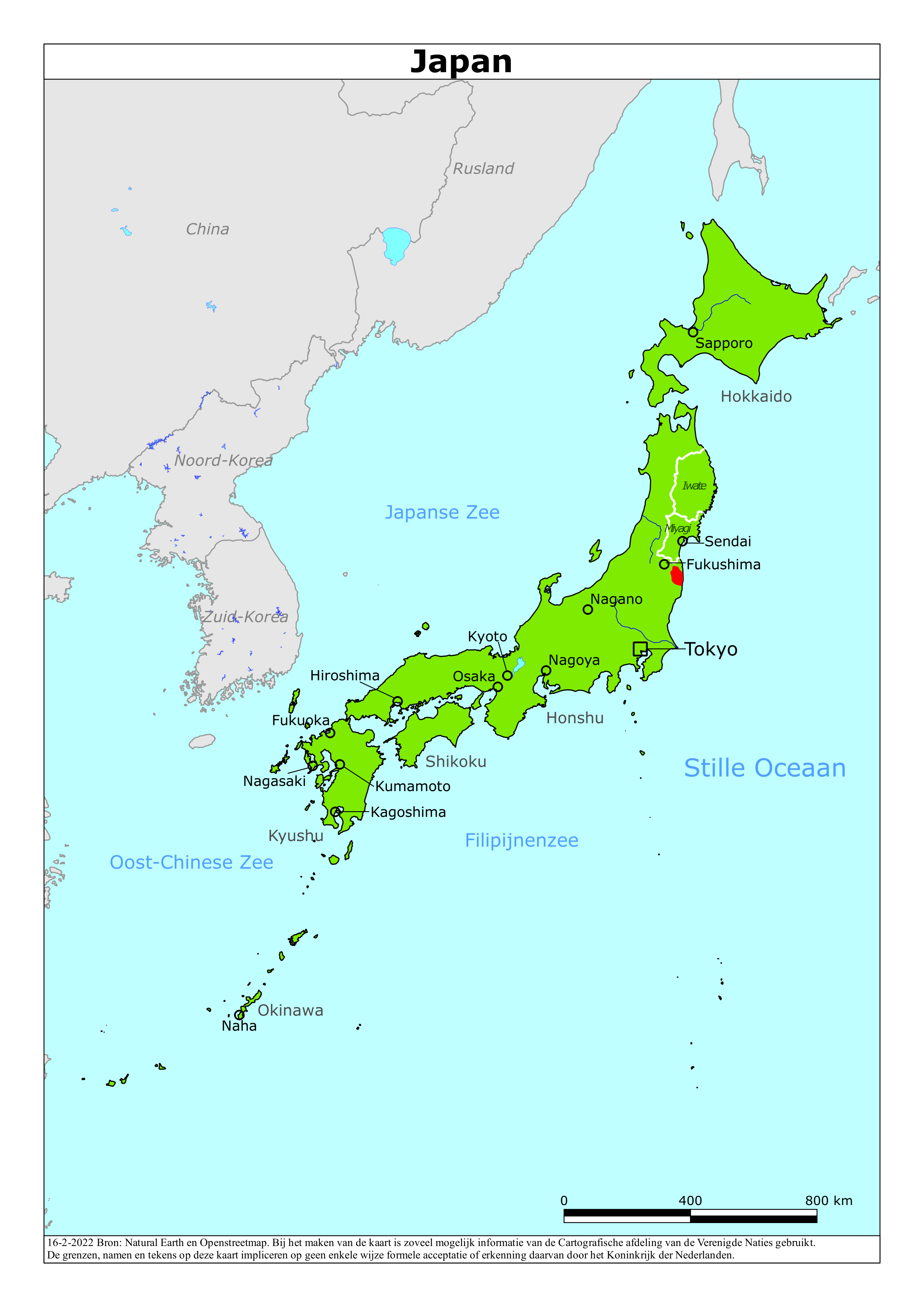 Kaart van het reisadvies voor Japan met kleurcodes per gebied