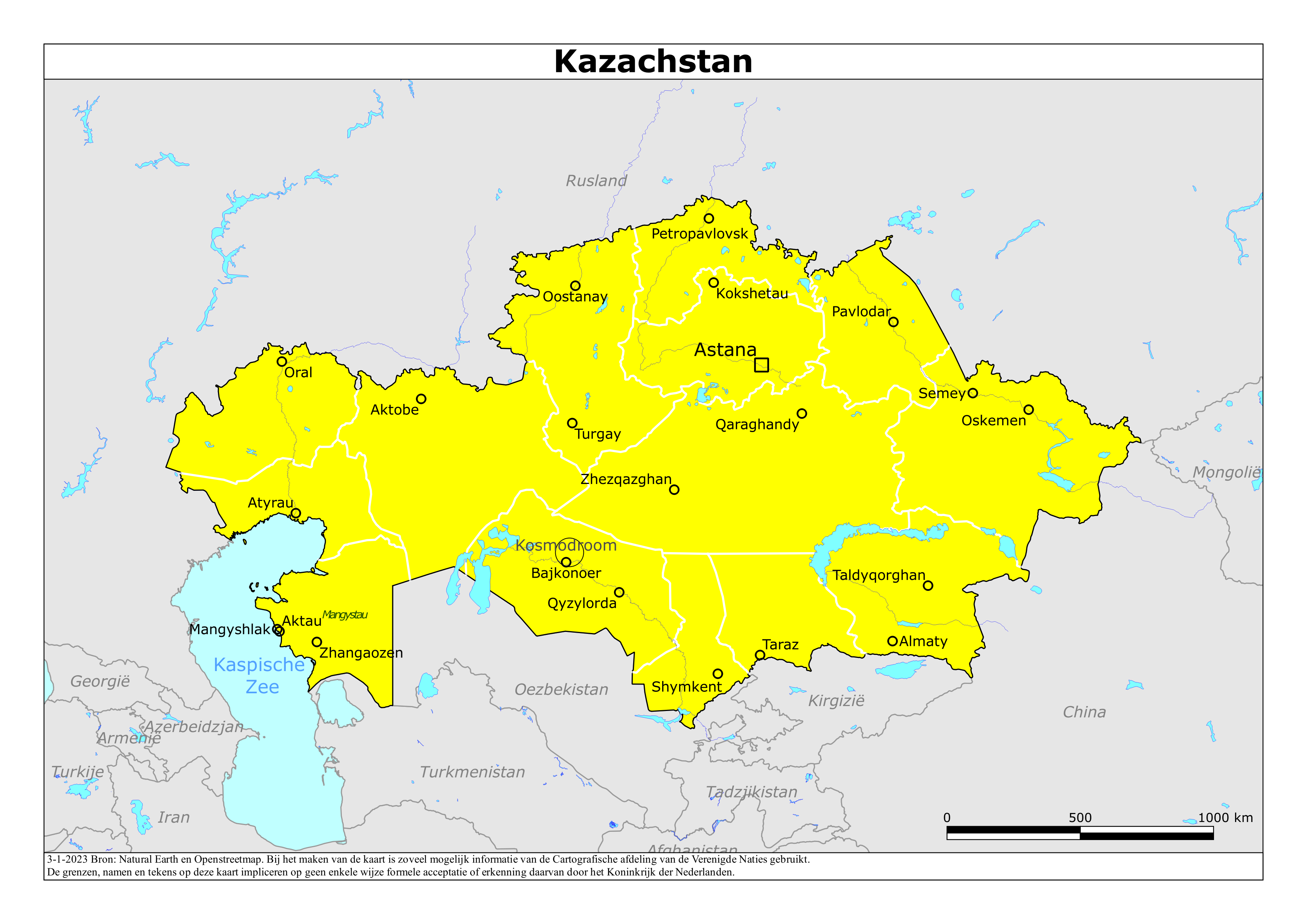 Reisadvies kaart van Kazachstan op 23 jan. 2026