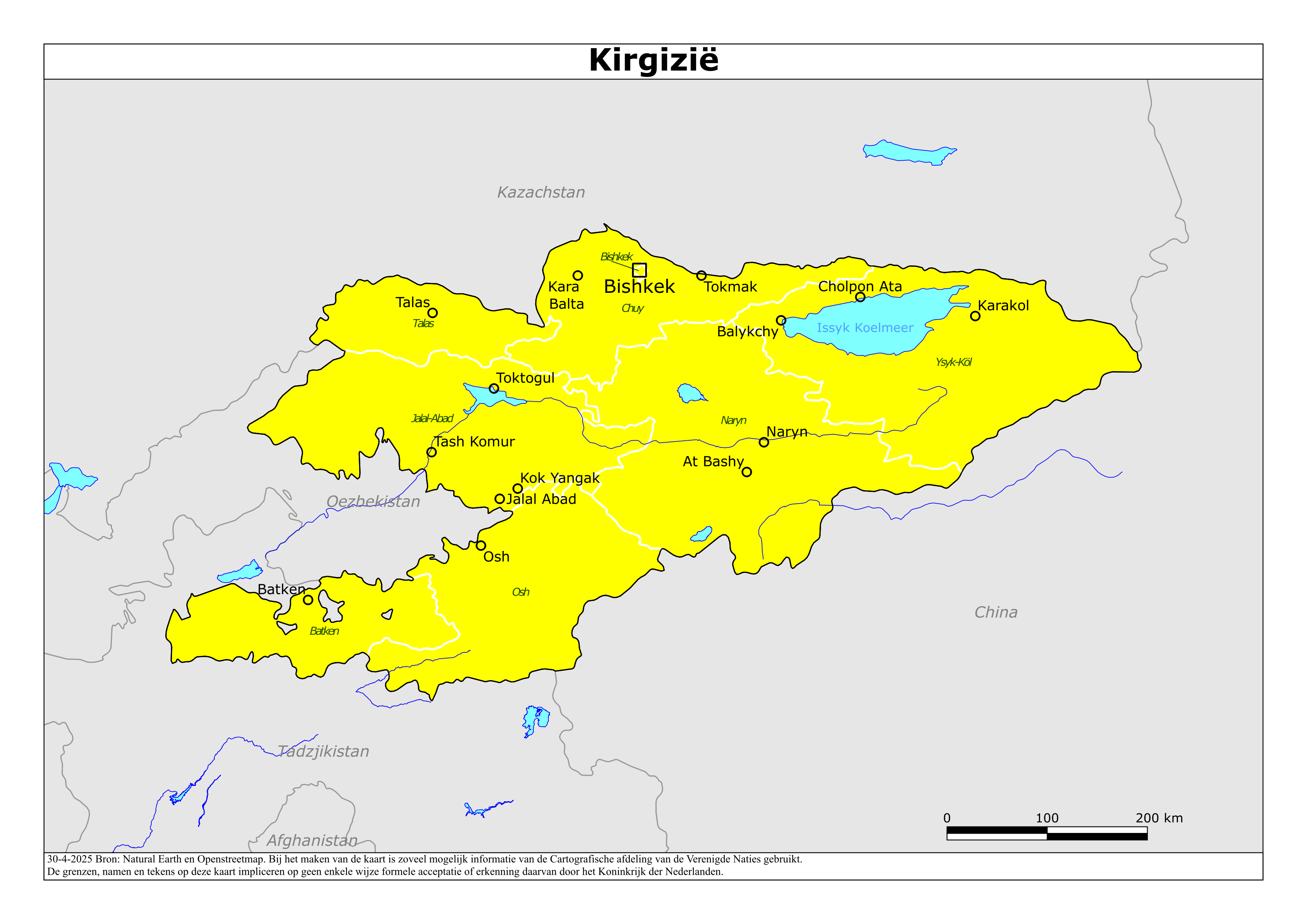 Kaart van het reisadvies voor Kirgizië met kleurcodes per gebied