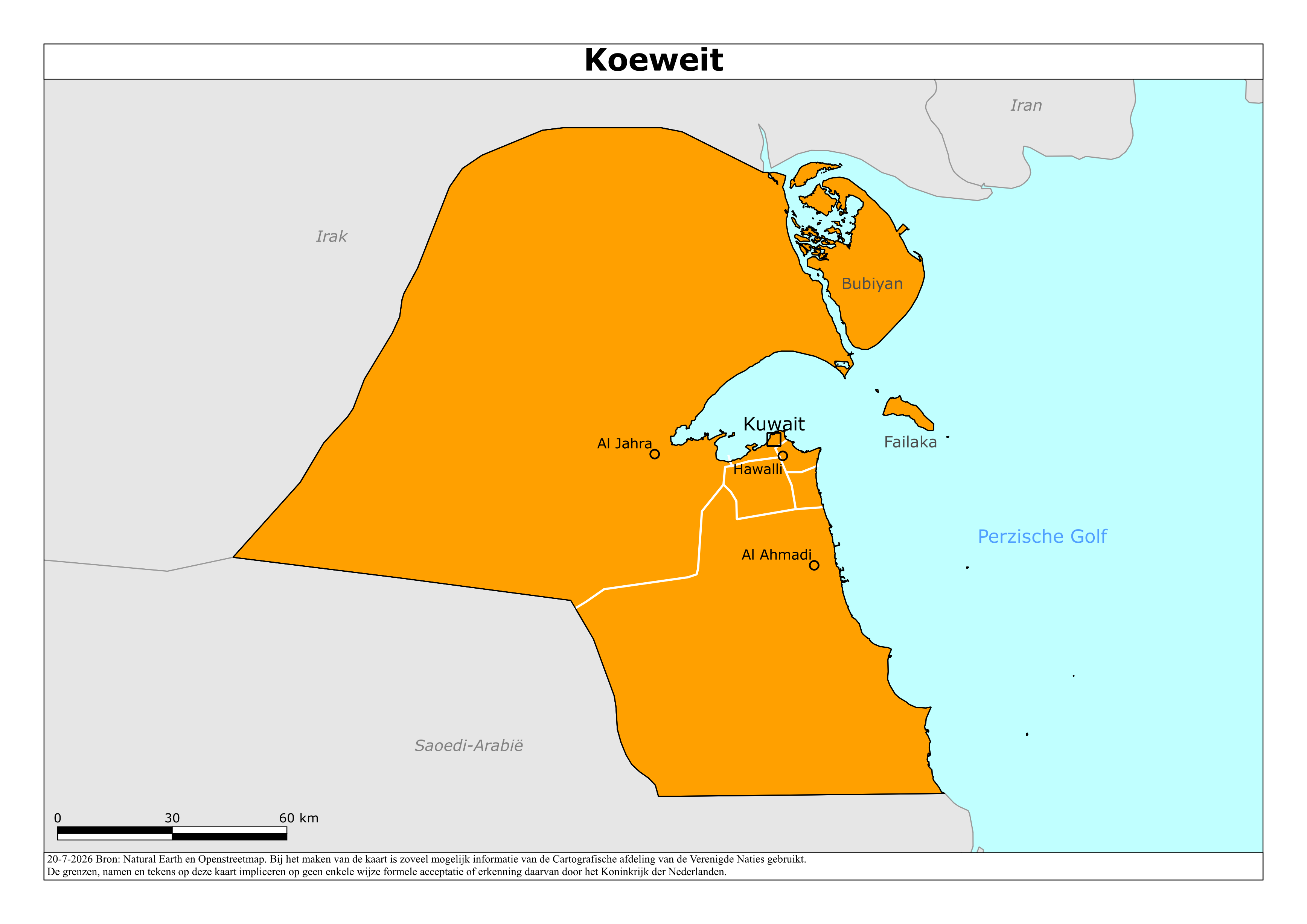 Kaart van het reisadvies voor Koeweit met kleurcodes per gebied